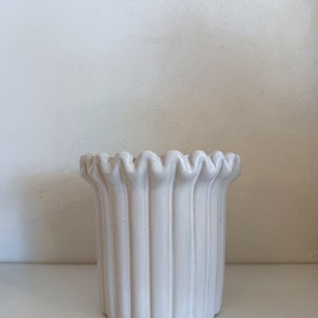 White Ceramic Ribbed, Scalloped Vase