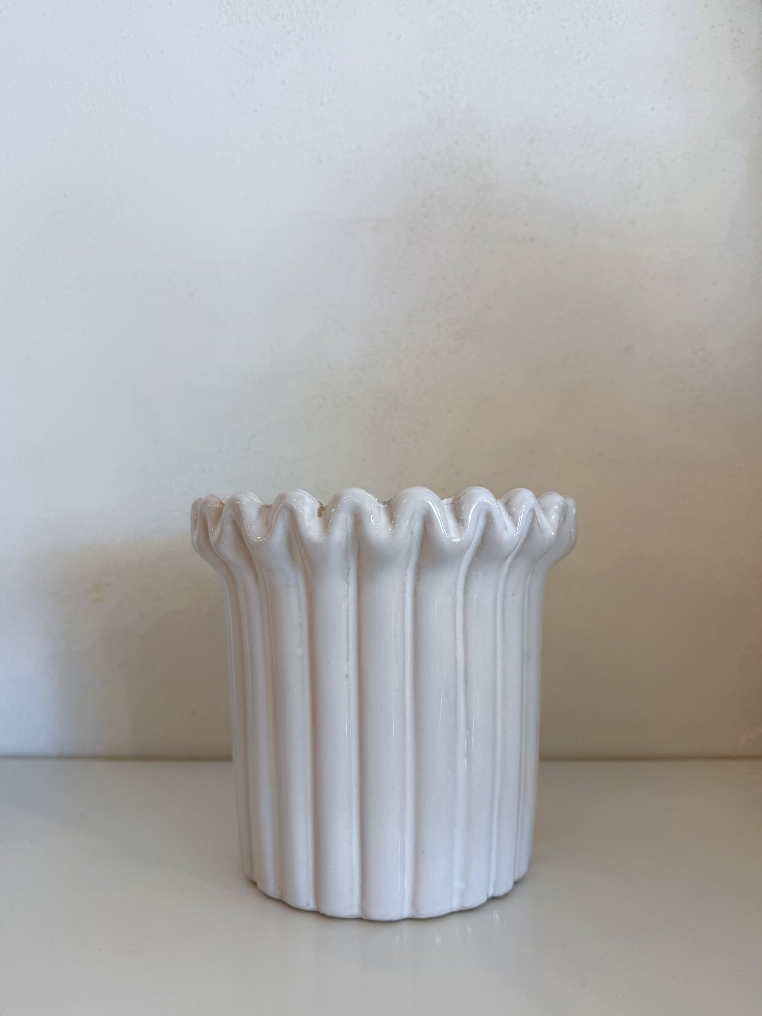 White Ceramic Ribbed, Scalloped Vase