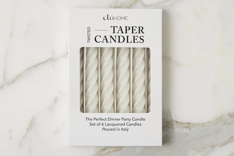 Etu Home Lacquered Twisted Taper Candles, White Set of 6