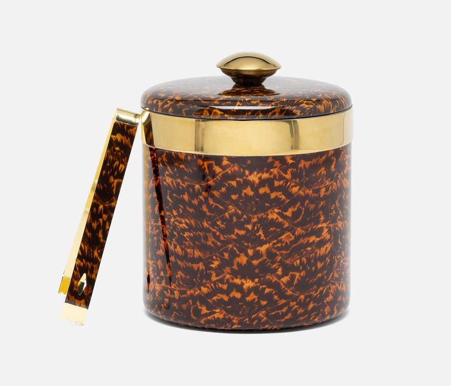 Blue Pheasant MAXIMILIAN, High Gloss/Gold, Round, Ice Bucket W/ Tongs, Faux Tortoise/Brass