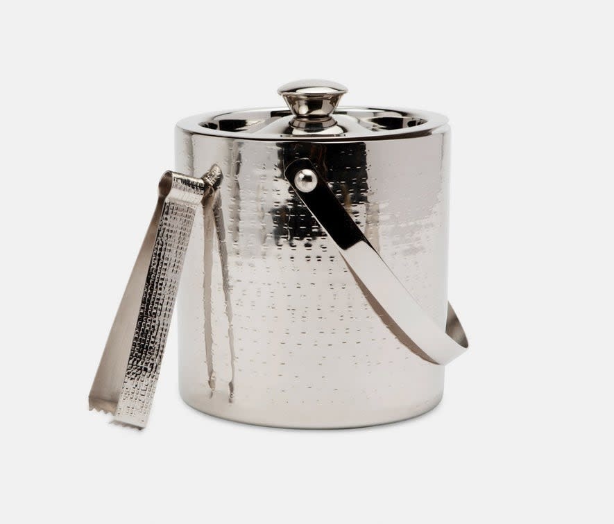 Blue Pheasant WINSFORD, Shiny Nickel, Ice Bucket w/ Tongs, Round, Hammered Stainless Steel/Brass