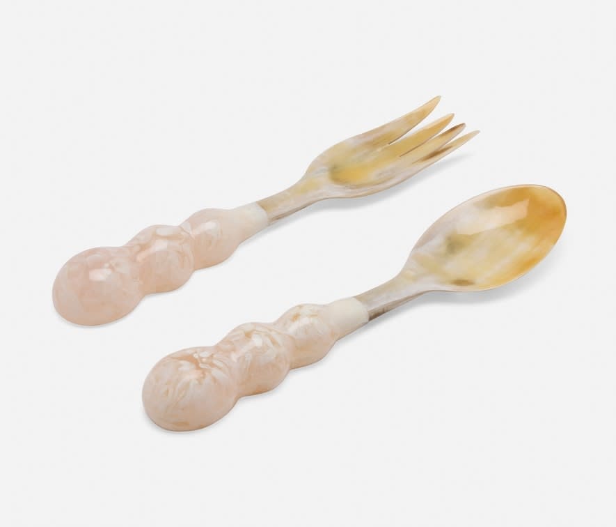 Blue Pheasant Jasmine Horn/Resin Natural/Ivory Swirled Serving Set of 2