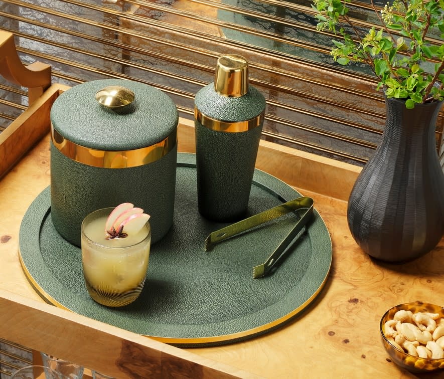 Blue Pheasant Langston Juniper/Gold Cocktail Shaker Realistic Faux Shagreen/Brass