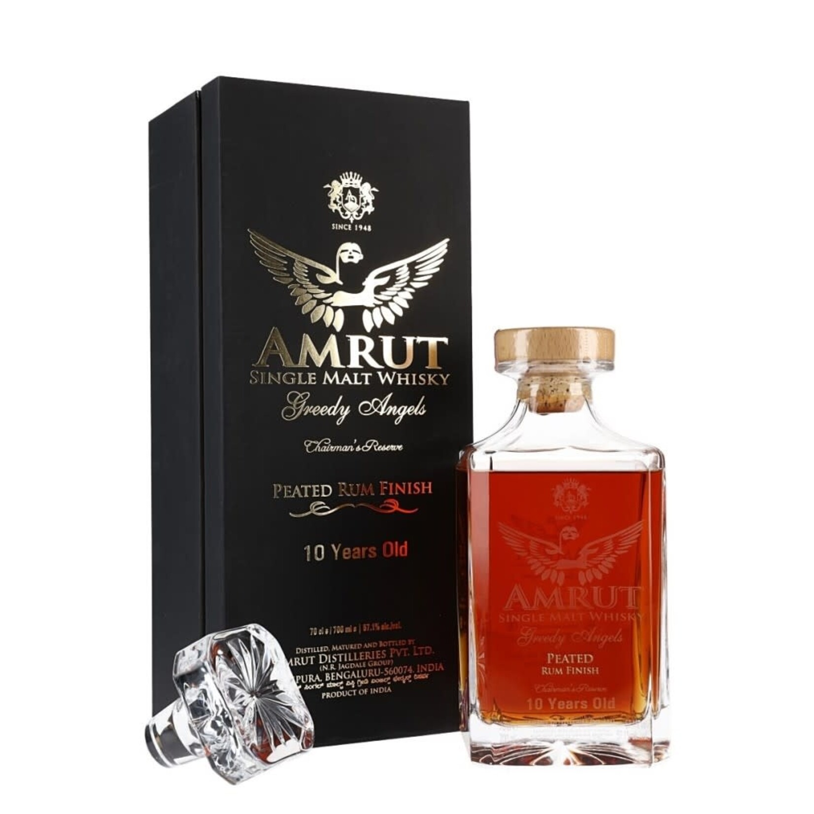 Amrut Distilleries Corp Amrut / Greedy Angels 10 Year Peated Rum Cask Finished Indian Single Malt Whisky abv 57.1% / 750mL
