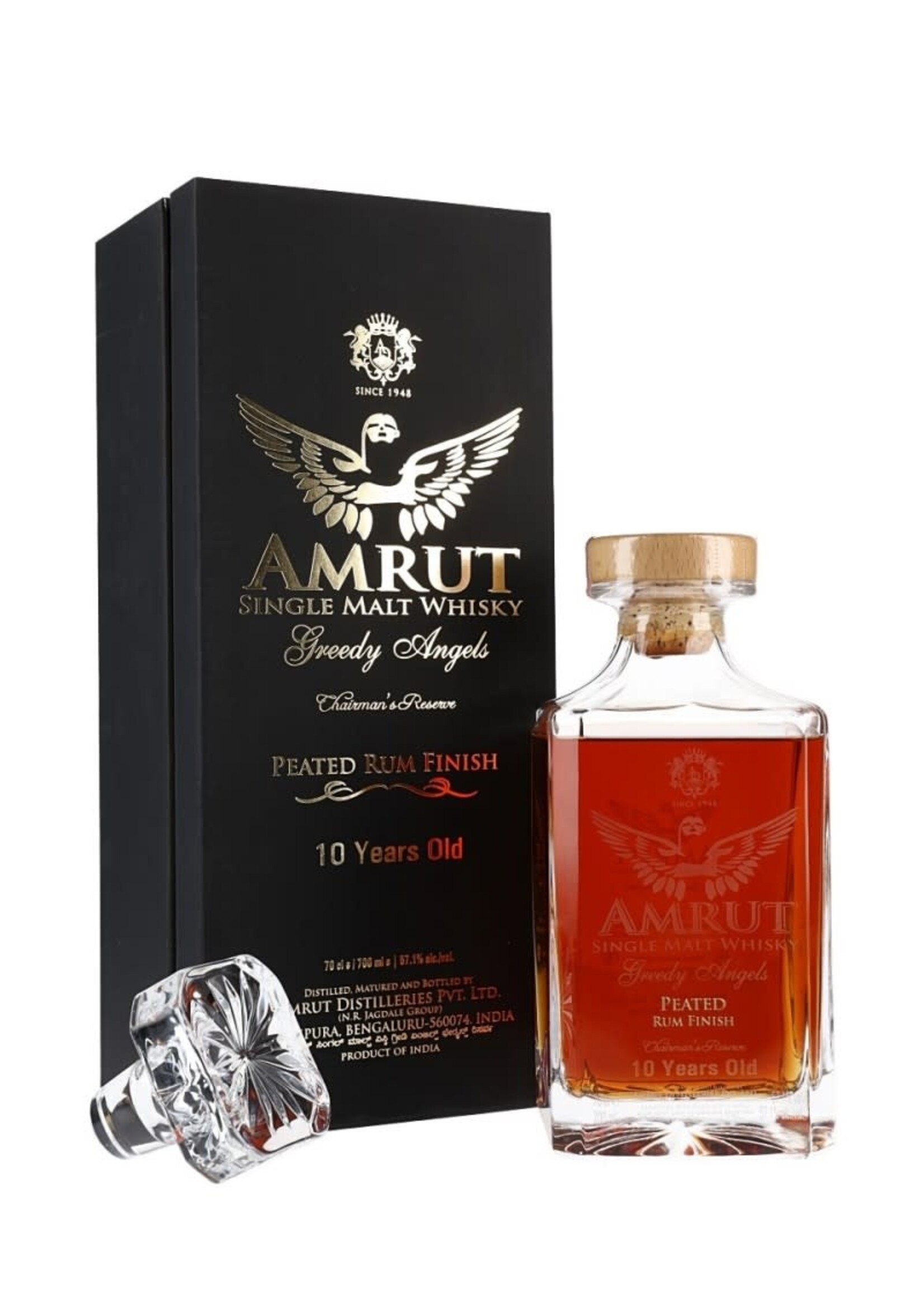 Amrut Distilleries Corp Amrut / Greedy Angels 10 Year Peated Rum Cask Finished Indian Single Malt Whisky abv 57.1% / 750mL