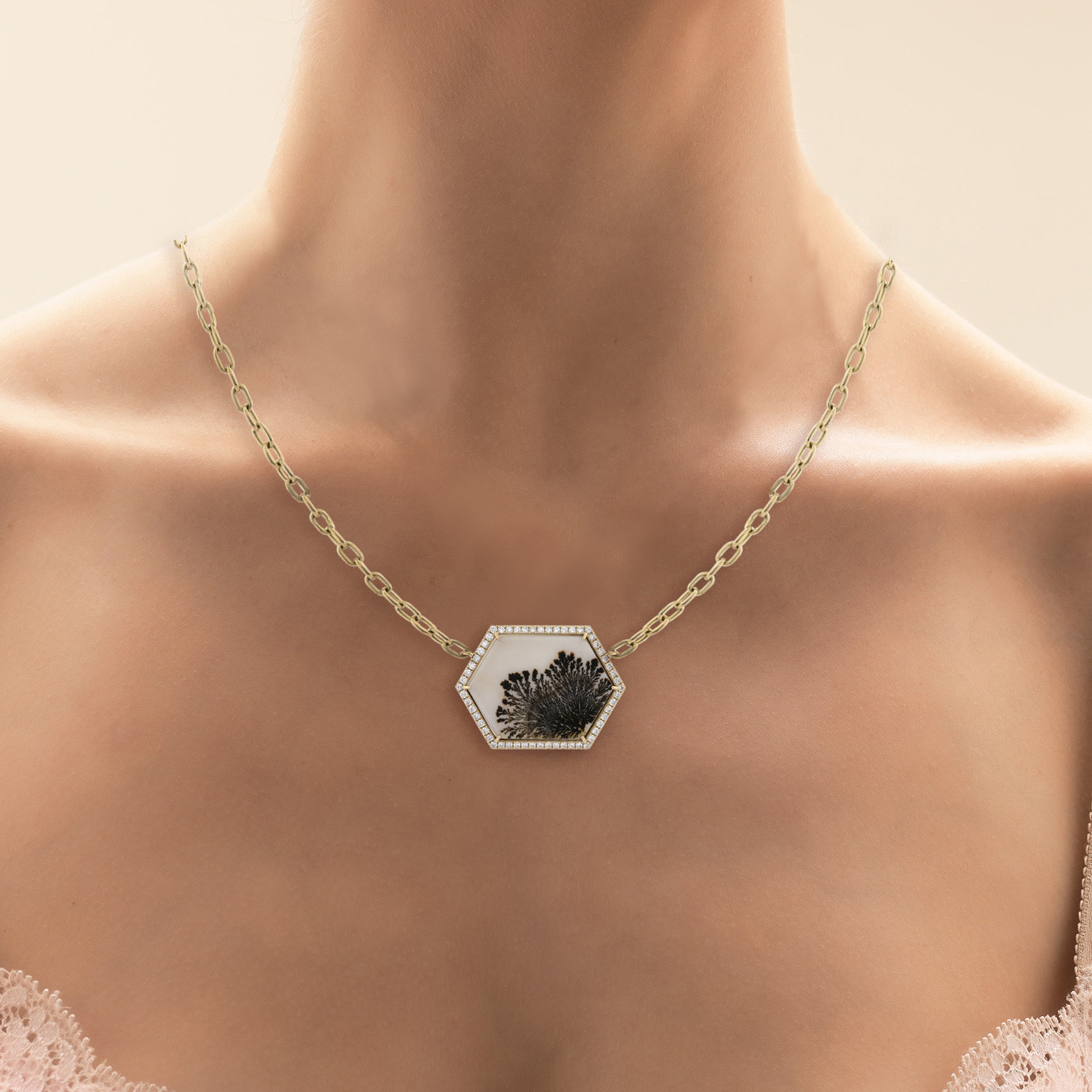 Baxter Moerman Hex Halo Necklace with Dendritic Agate and Diamonds