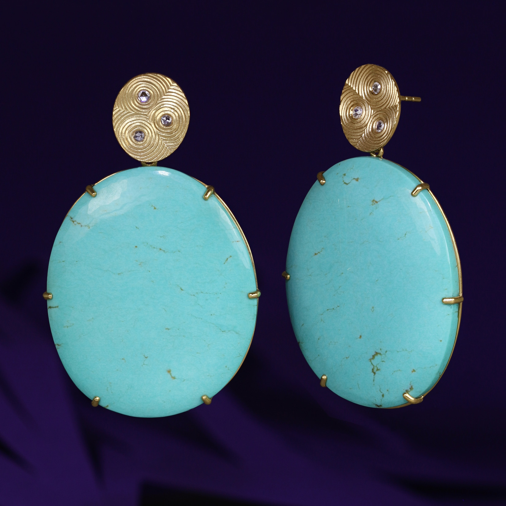 Baxter Moerman Ripple Earrings with Kingman Turquoise and Rose Cut Diamonds