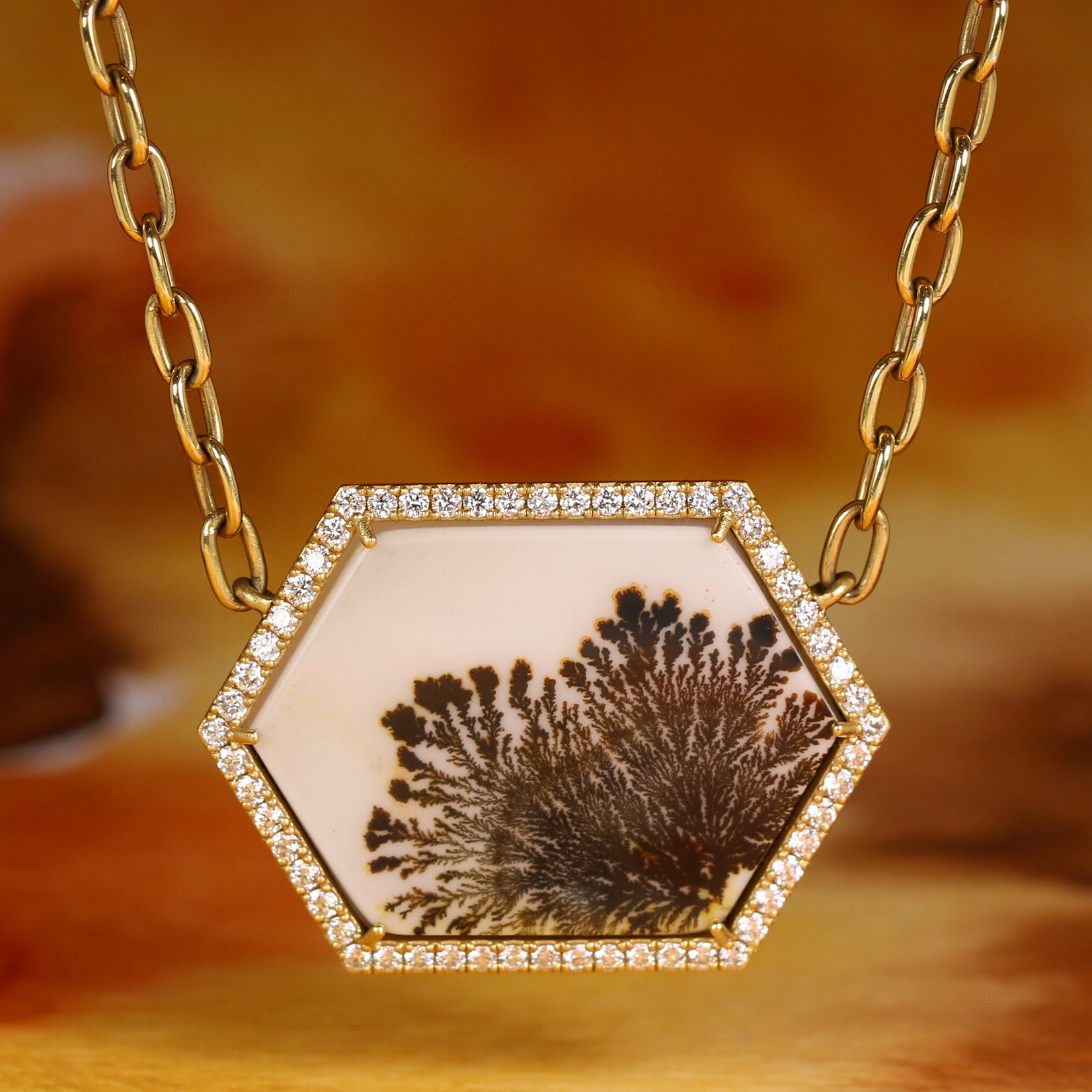 Baxter Moerman Hex Halo Necklace with Dendritic Agate and Diamonds