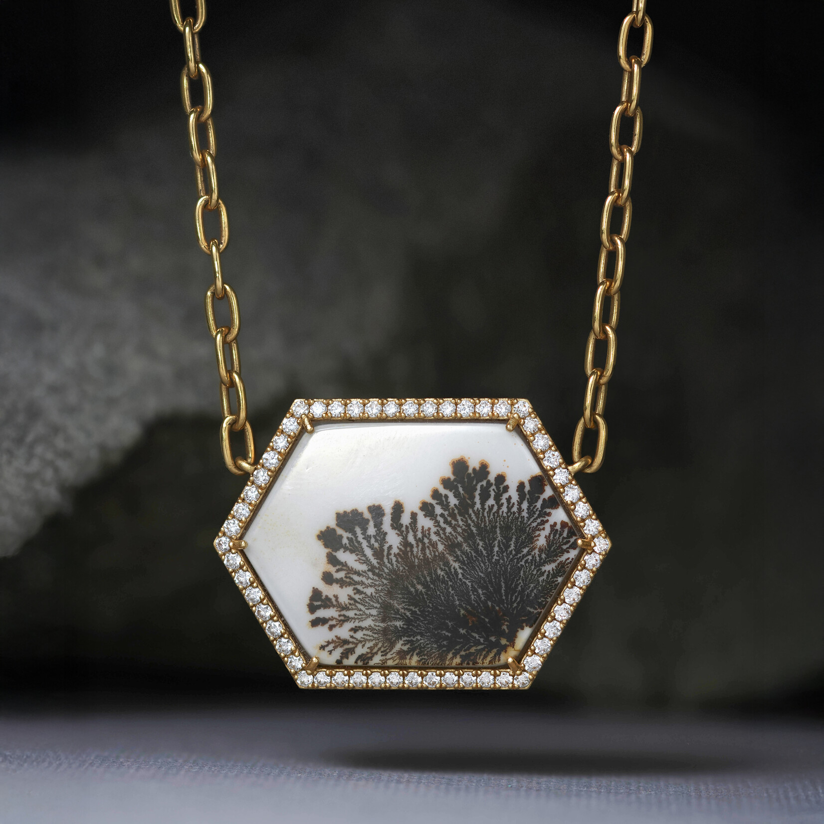 Baxter Moerman Hex Halo Necklace with Dendritic Agate and Diamonds