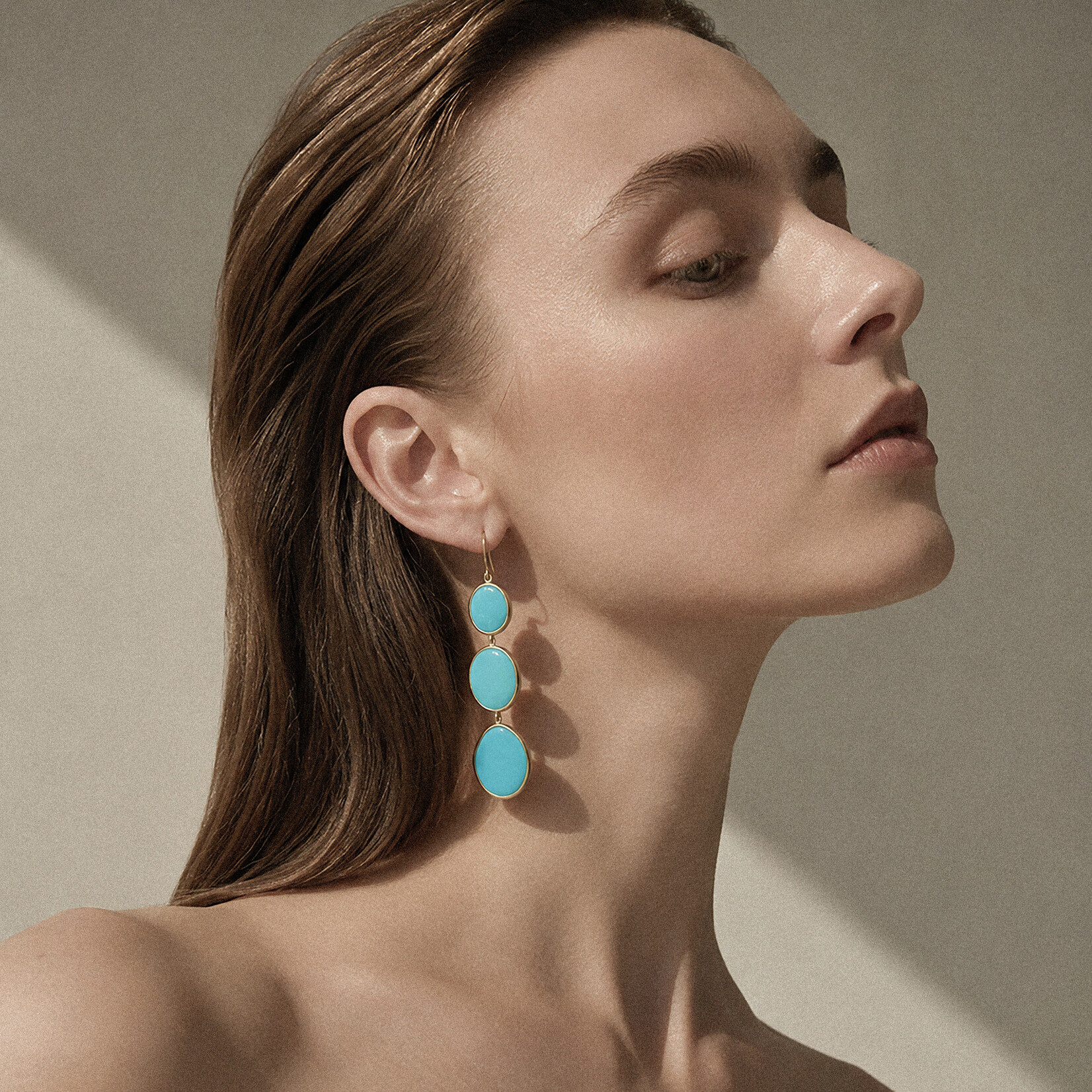 Baxter Moerman Sleeping Beauty Turquoise  3-Stone Drop Earrings, 18KY