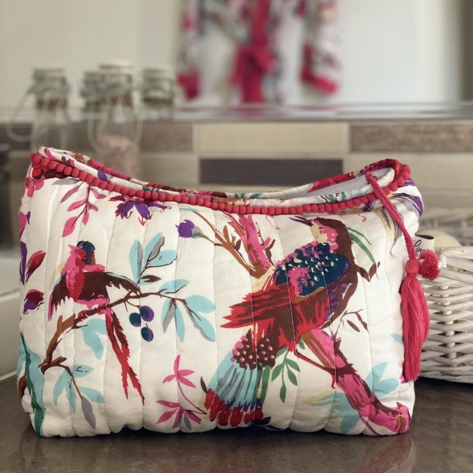 Linens Unlimited Bird Print White Quilted Lined Toiletry Bag - 40x27cm