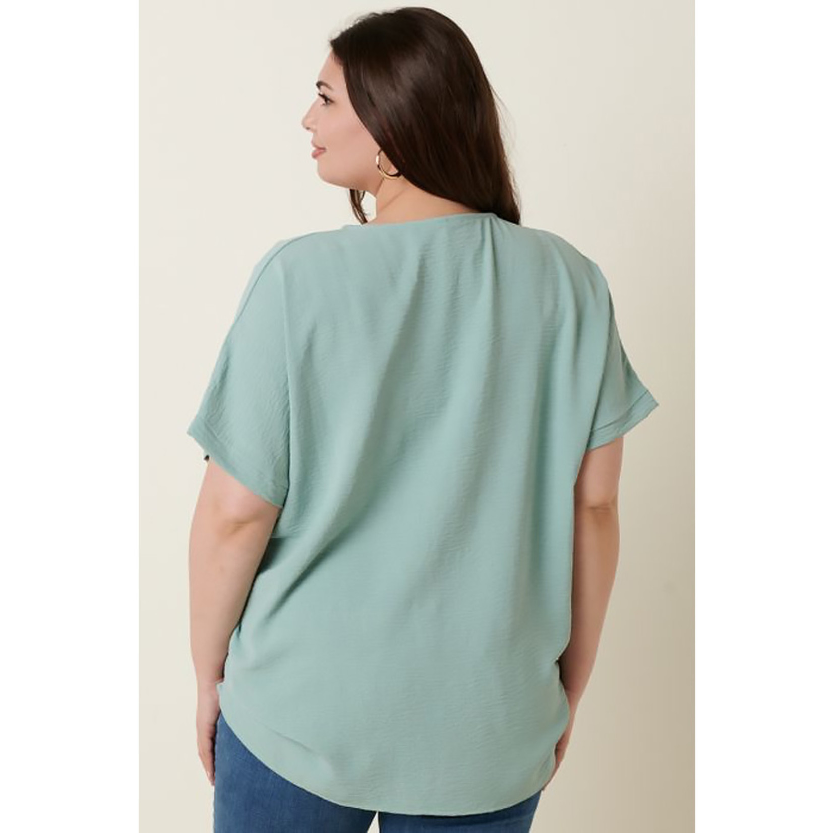 Plus Size V Neck Woven Airflow Dolman Short Sleeve Blouse Top with