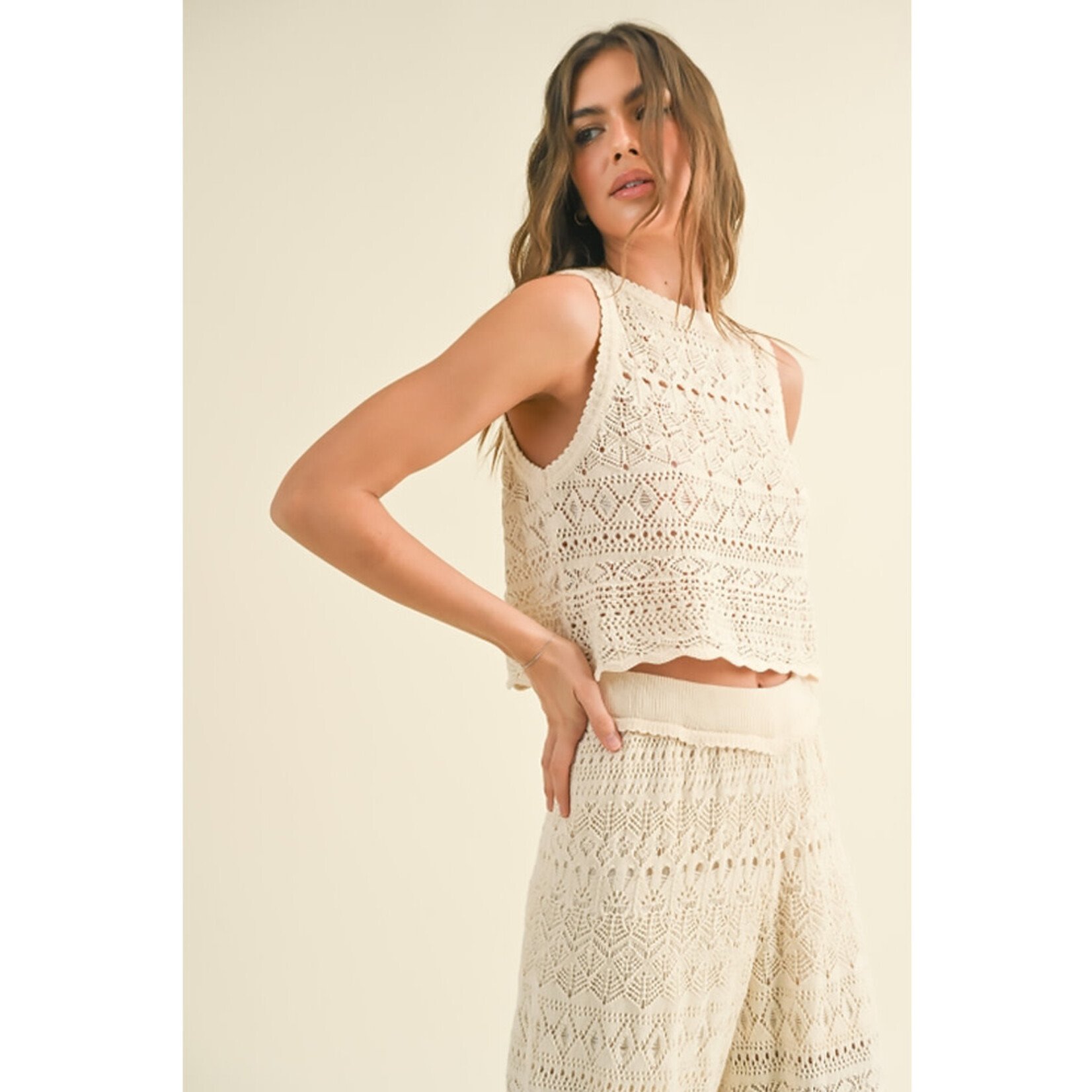 MIOU MUSE Simply Sweet Crochet Back Button Top