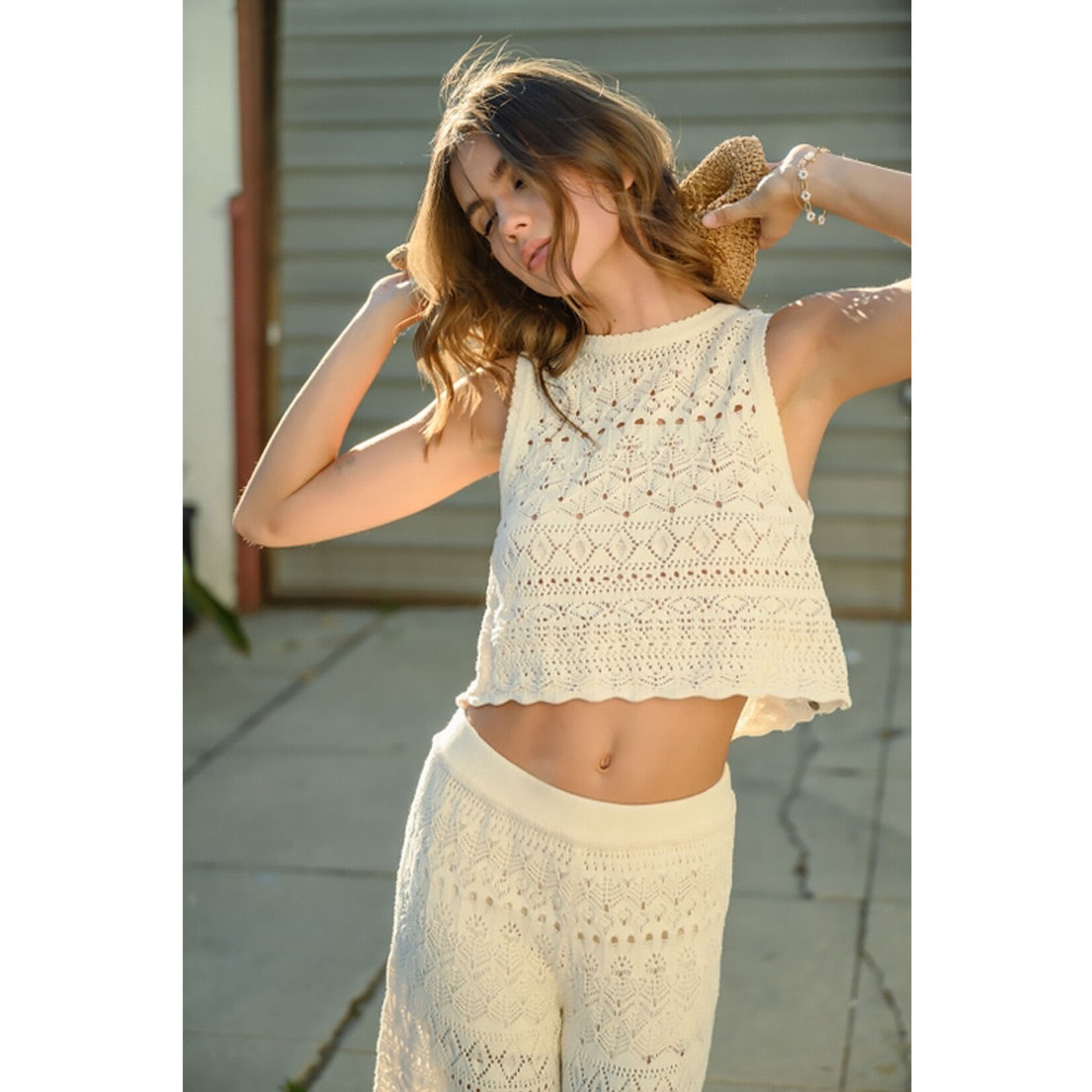 MIOU MUSE Simply Sweet Crochet Back Button Top