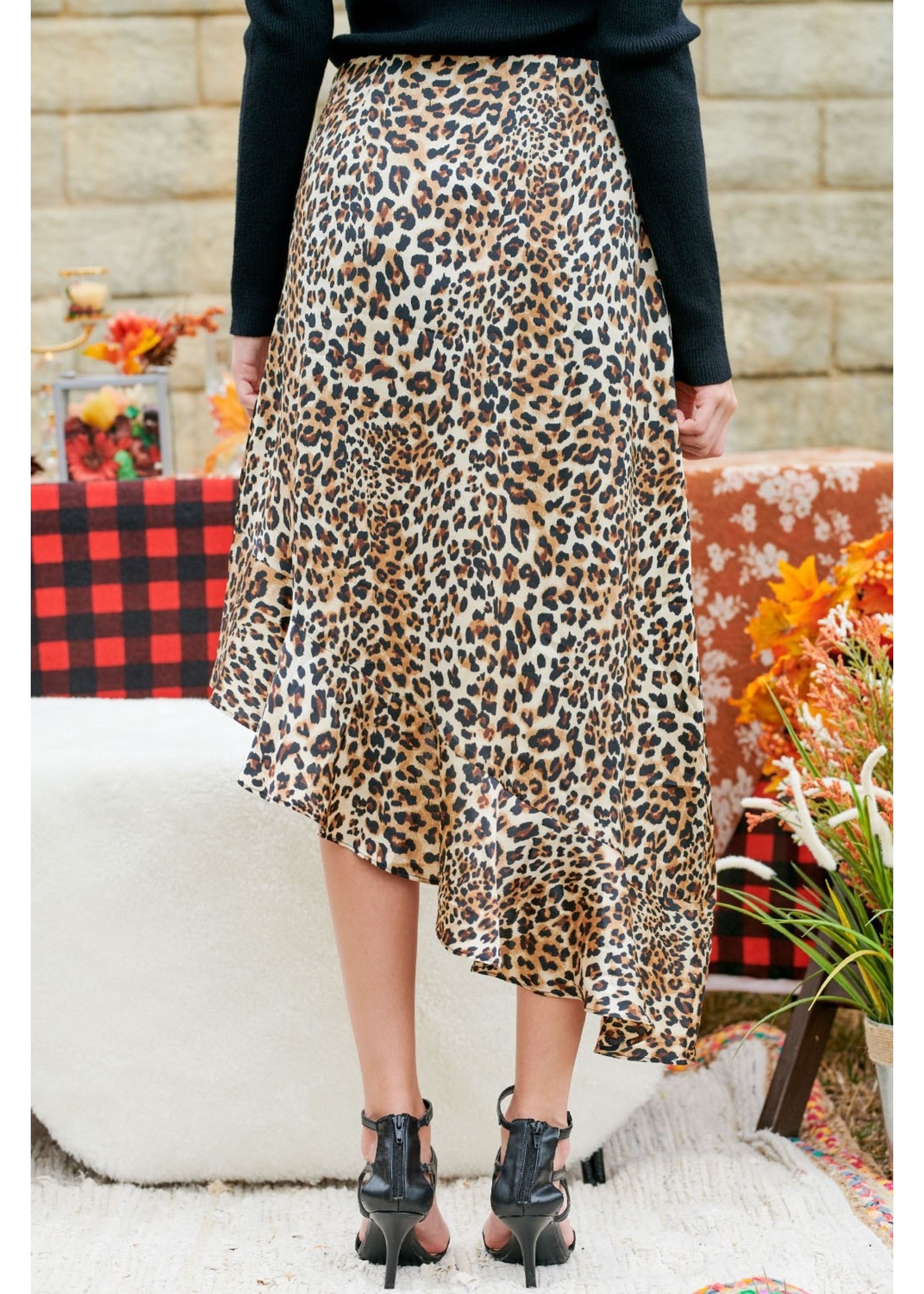 Asymmetrical Ruffle Hem Leopard Skirt Brown