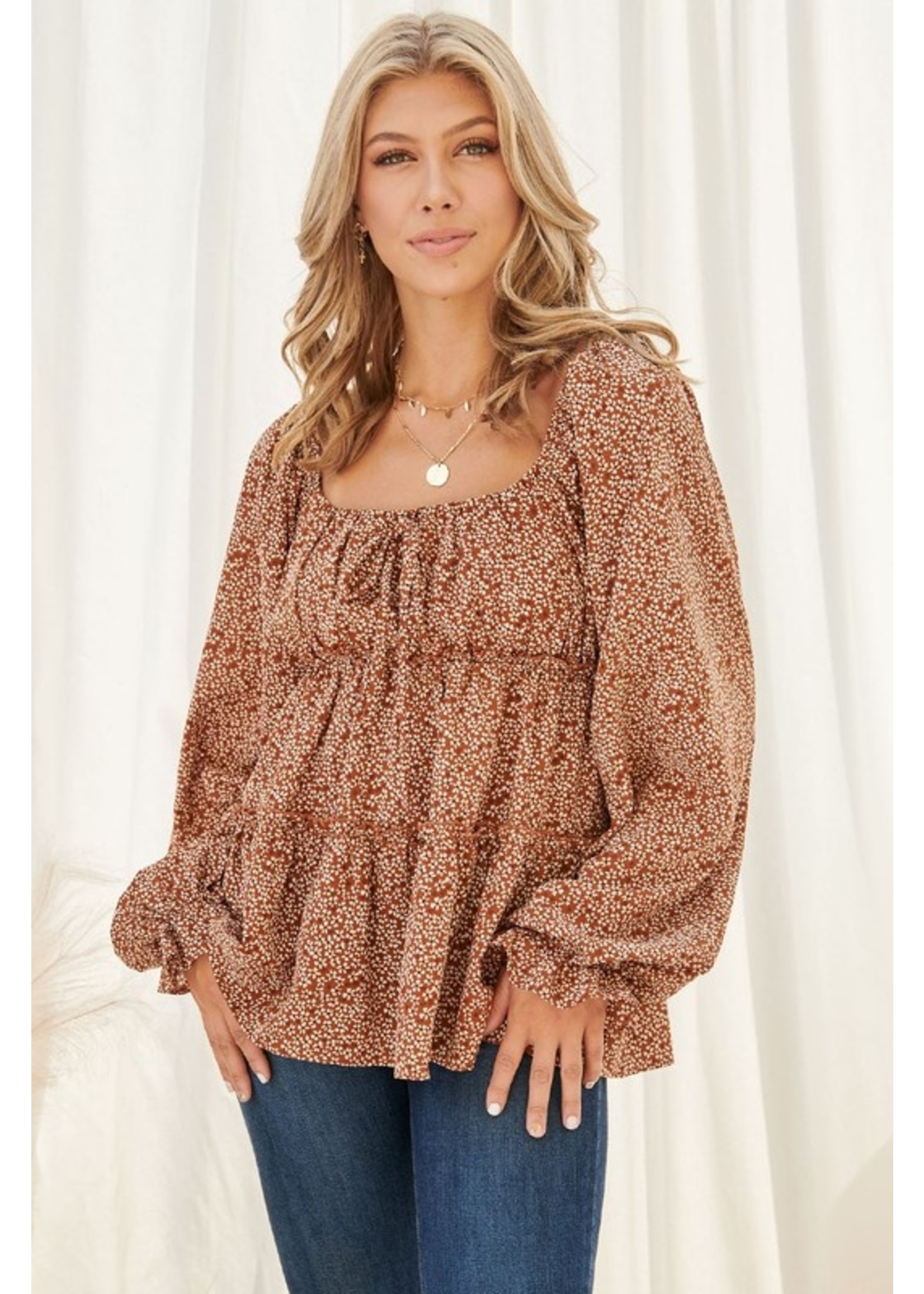 Ditsy Floral Tiered Ruffle Blouse Brown