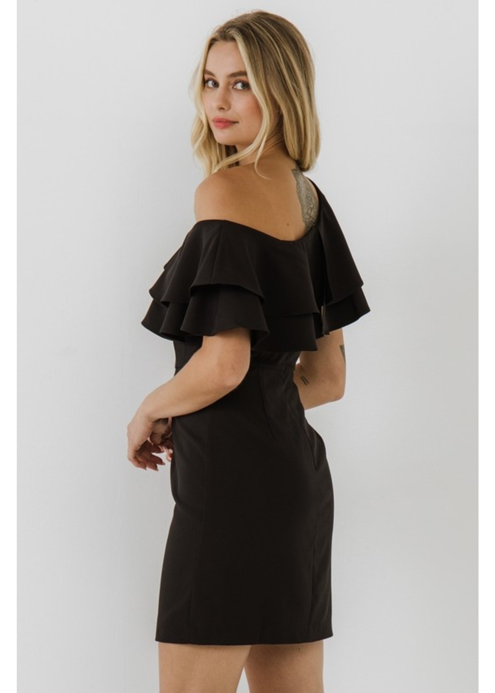 One Shoulder Ruffle Mini Dress Black