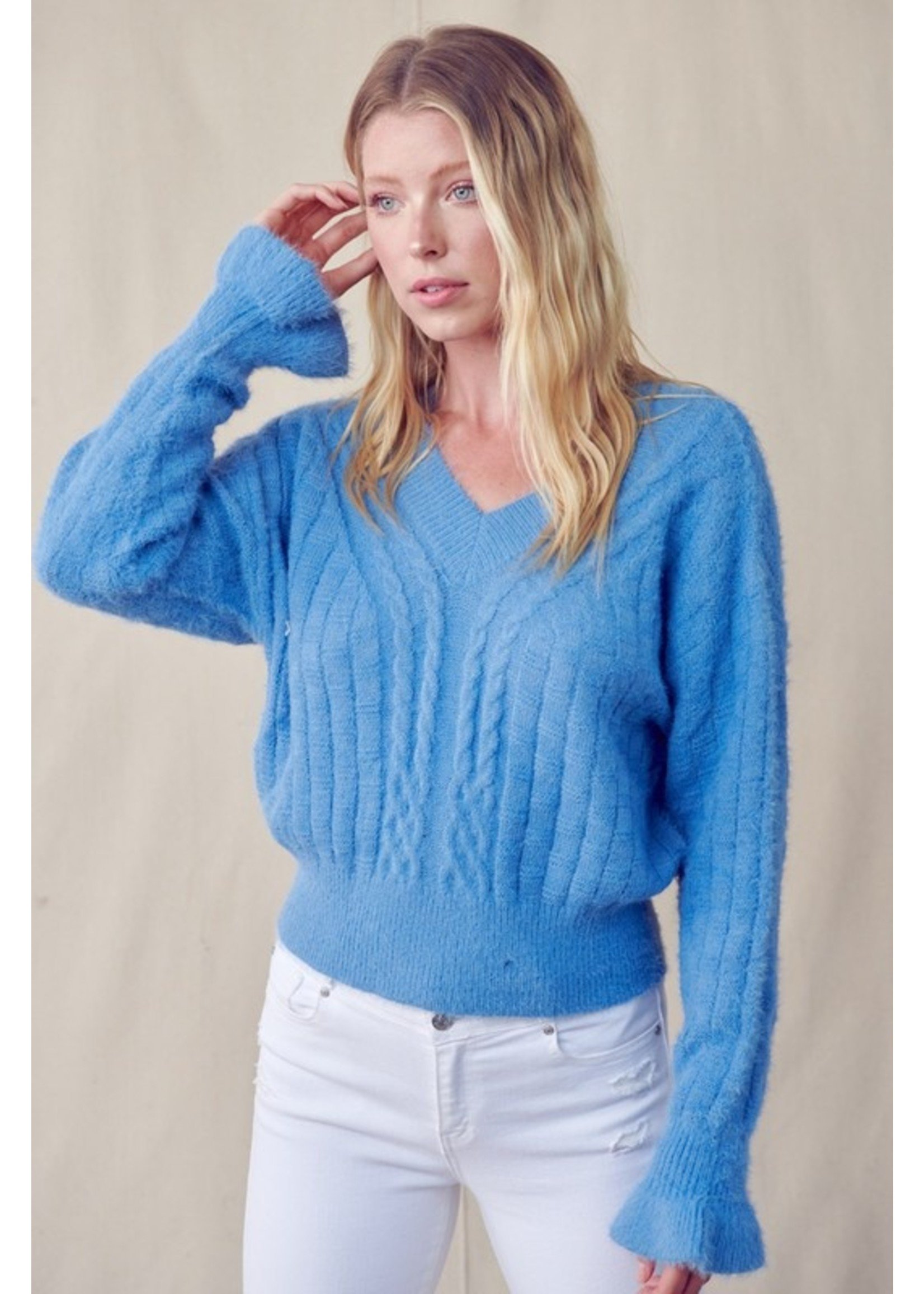 Cable Knit Sweater With Ruffled Sleeve Cloud Blue