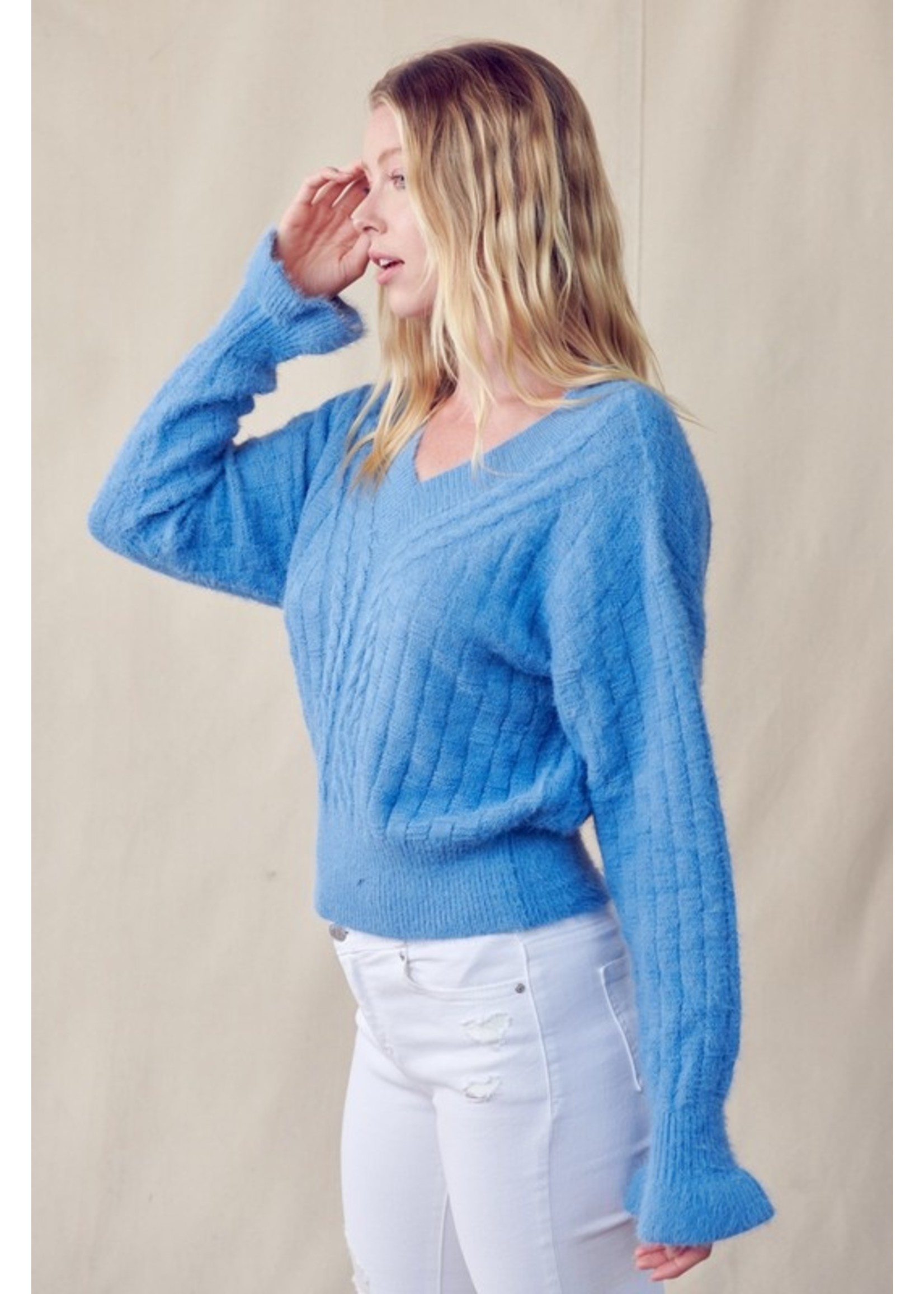 Cable Knit Sweater With Ruffled Sleeve Cloud Blue