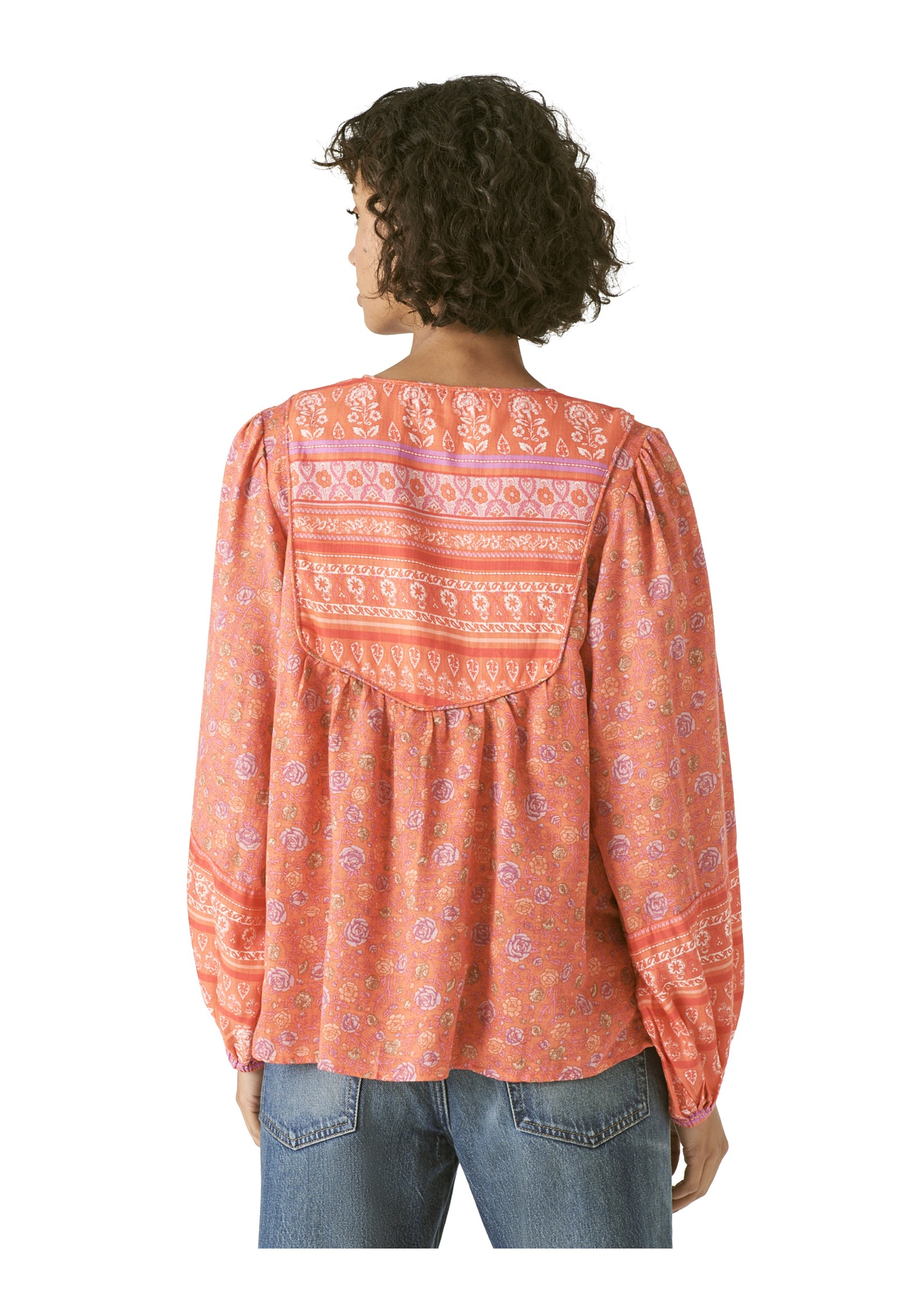 Lace Up Border Print Peasant Top Red Multi