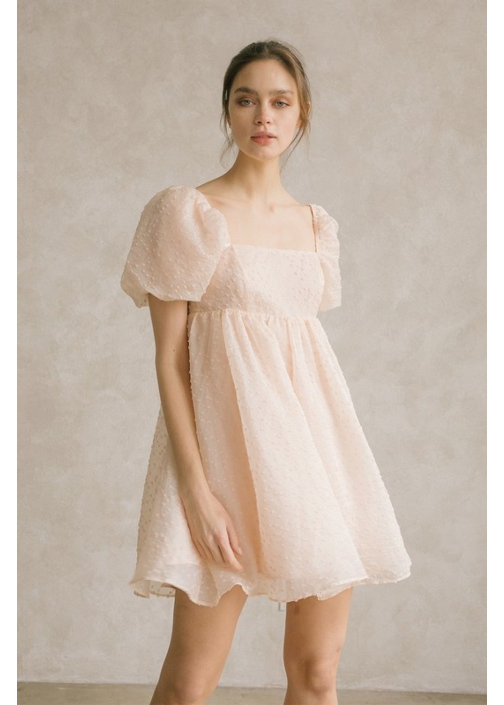 Swiss Dot Puff Sleeve Babydoll Dress Pink