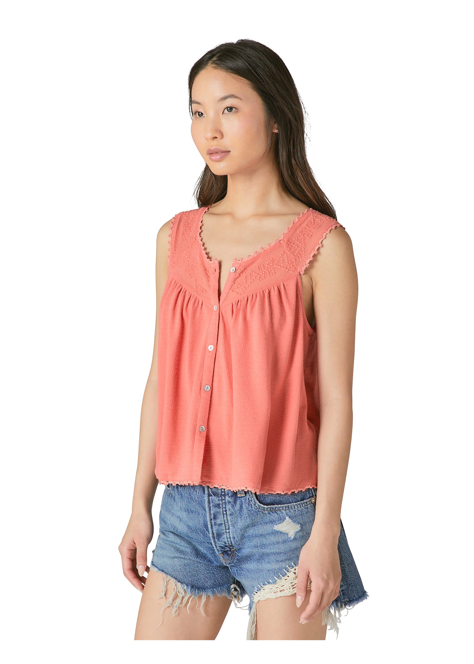 Geo Embroidered Tank Coral