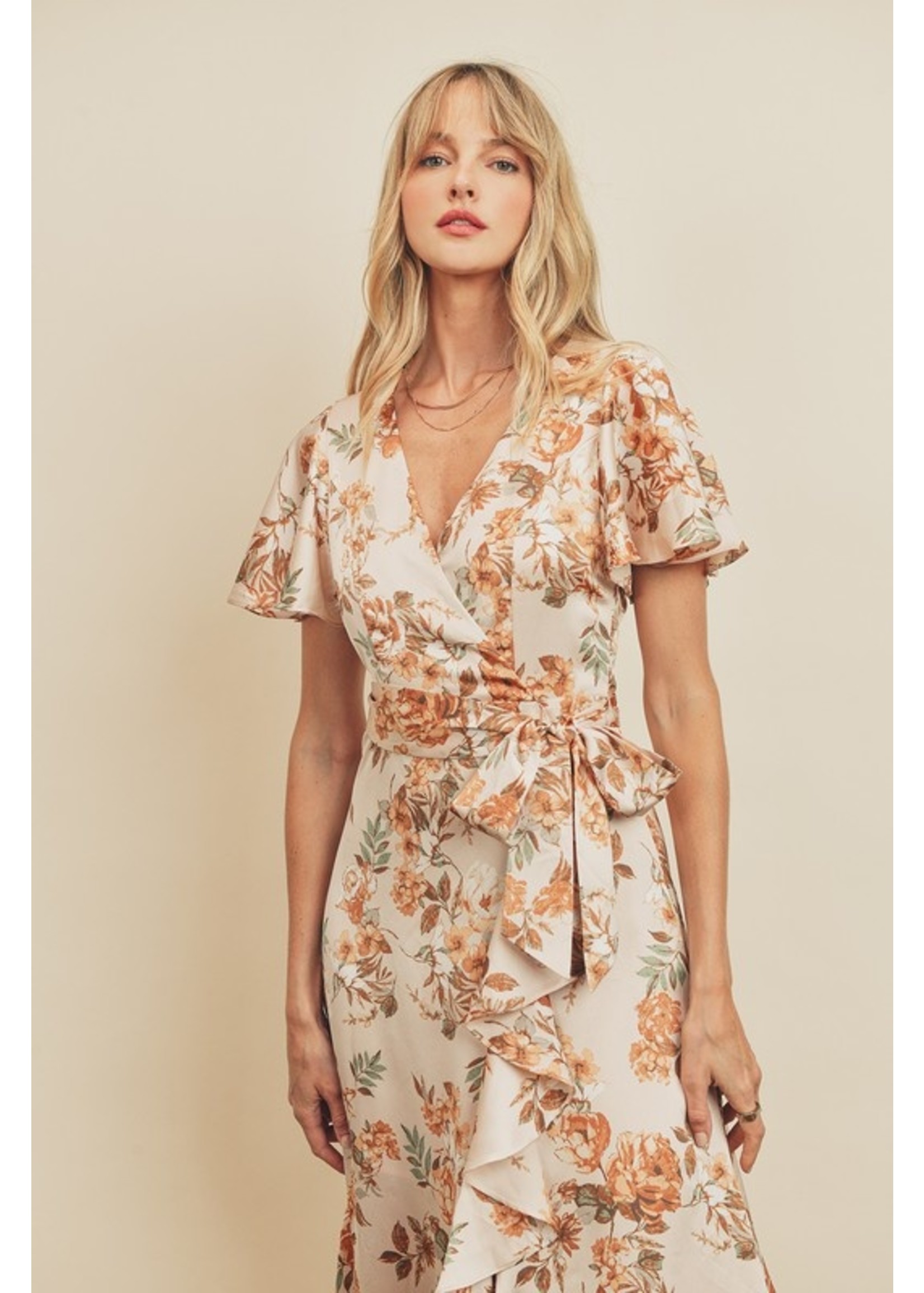 Floral Satin Ruffle Maxi Dress Blush/Multi