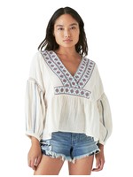 Embroidered Peasant V-Neck Blouse White/Grey