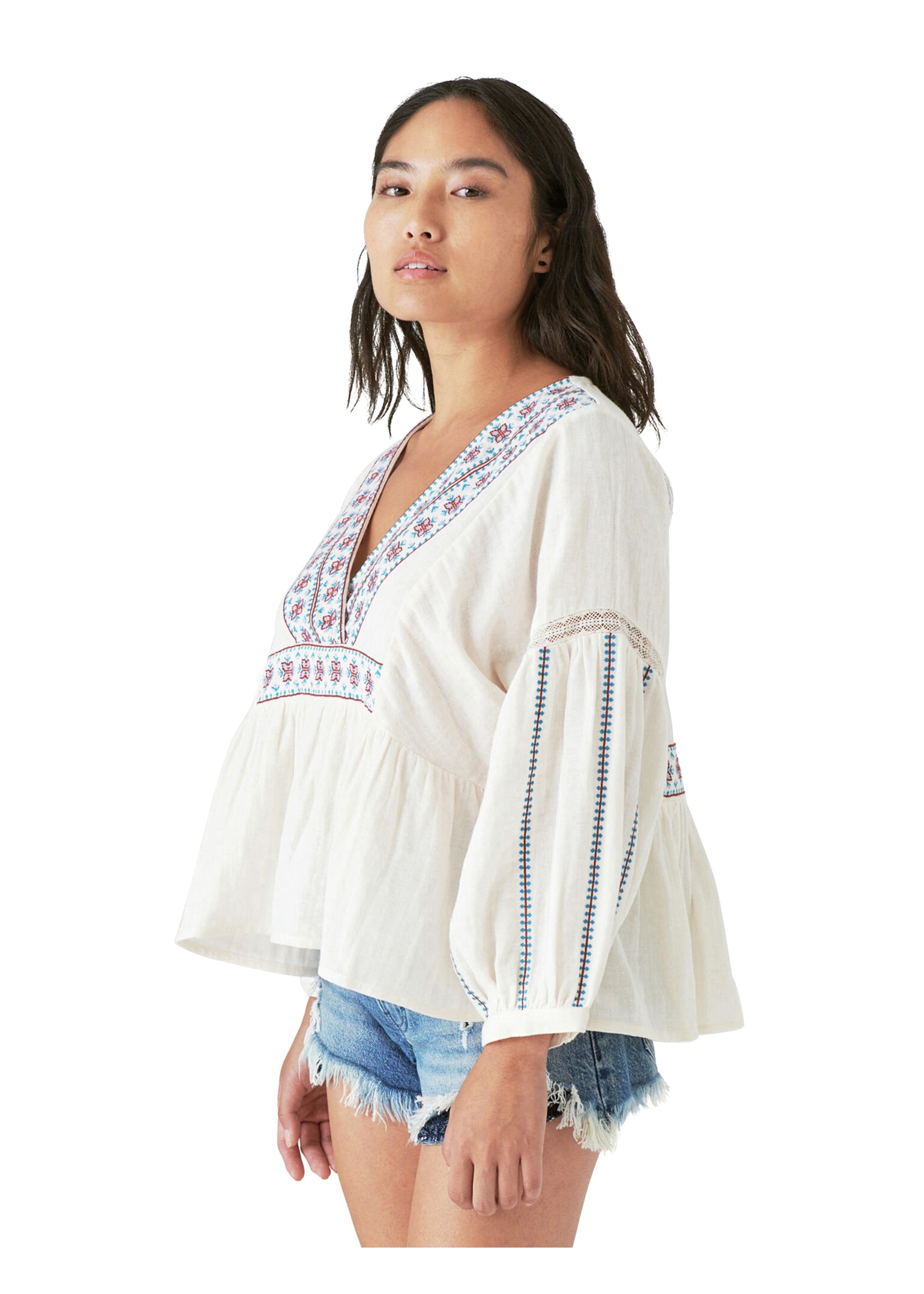 Embroidered Peasant V-Neck Blouse White/Grey