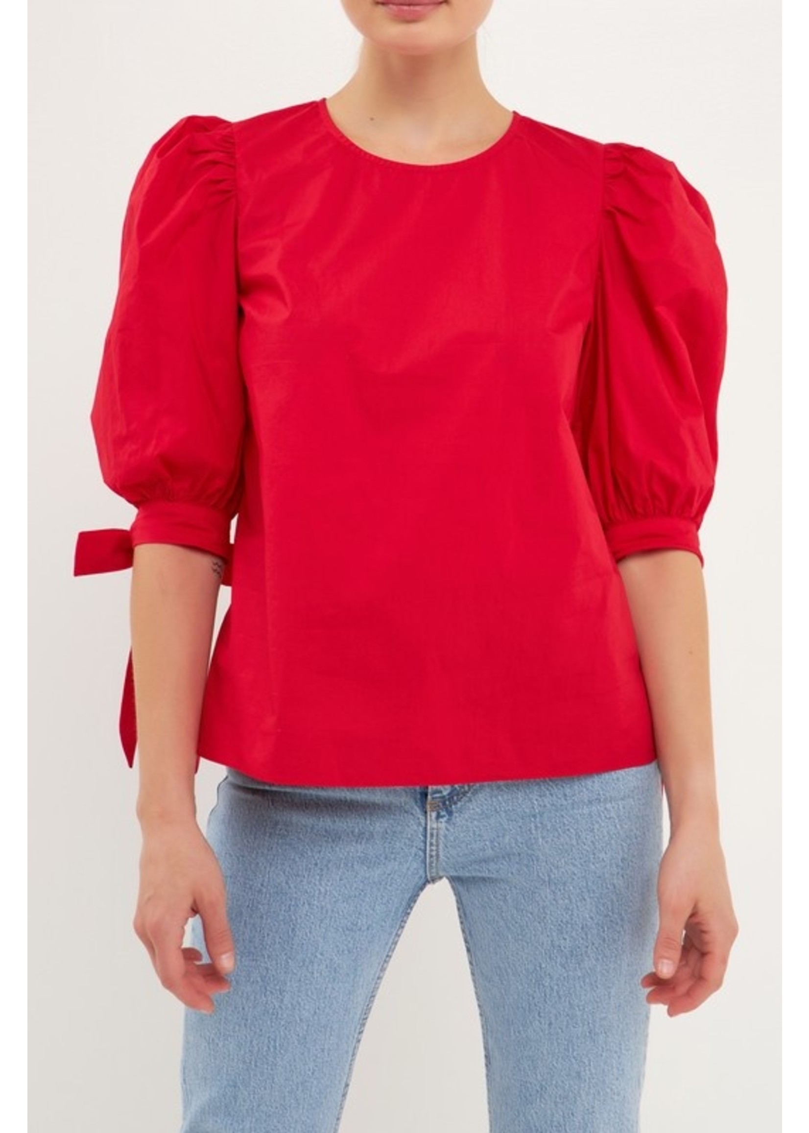Bow Banded Puff Sleeve Blouse Red
