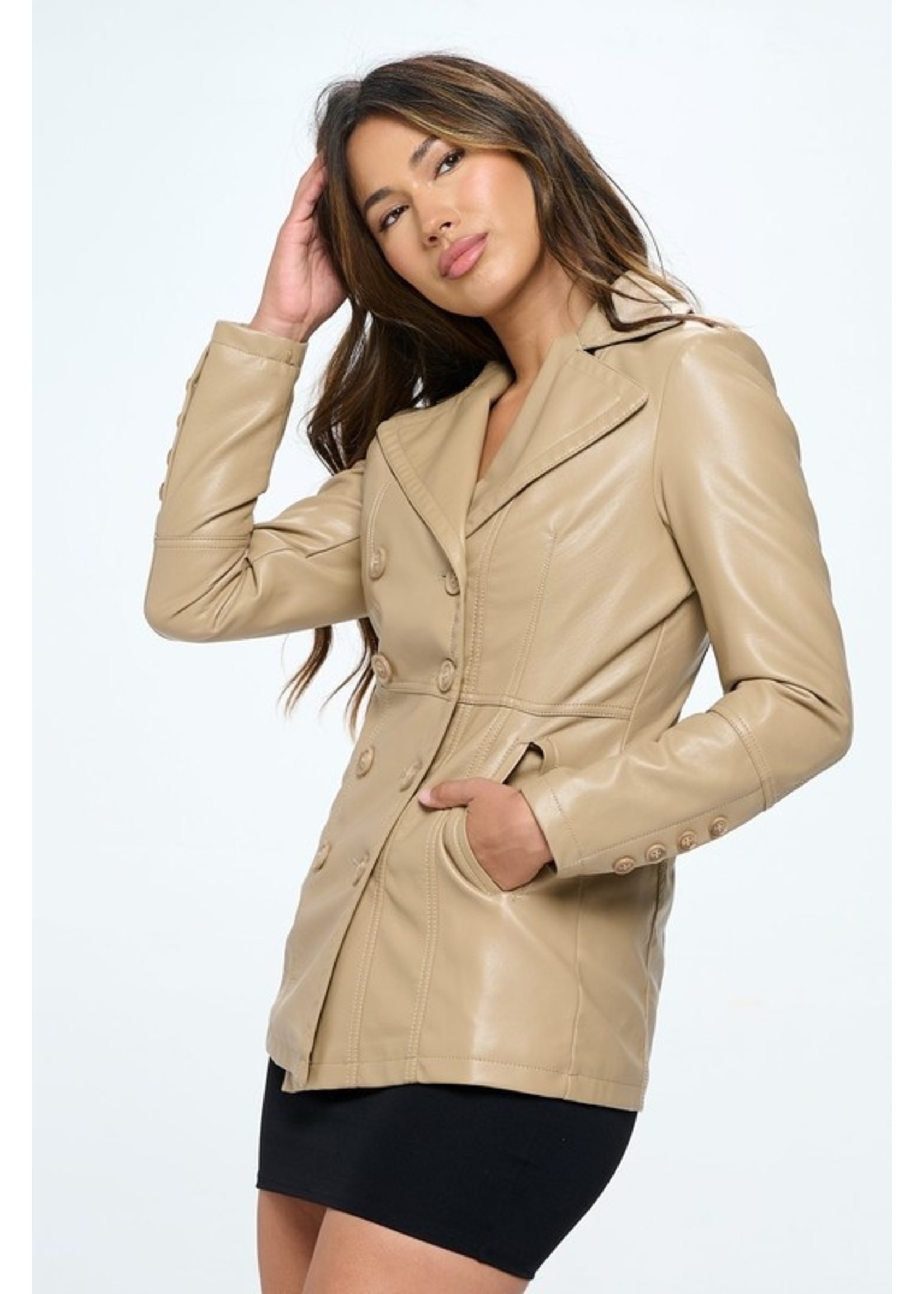 Double Breasted Leather Trench Khaki