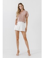 Short Puff Sleeve Scalloped Knit Top Rose