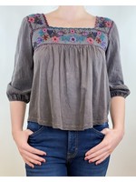 Overdyed Embroidered Smocked Peasant Top Washed Black