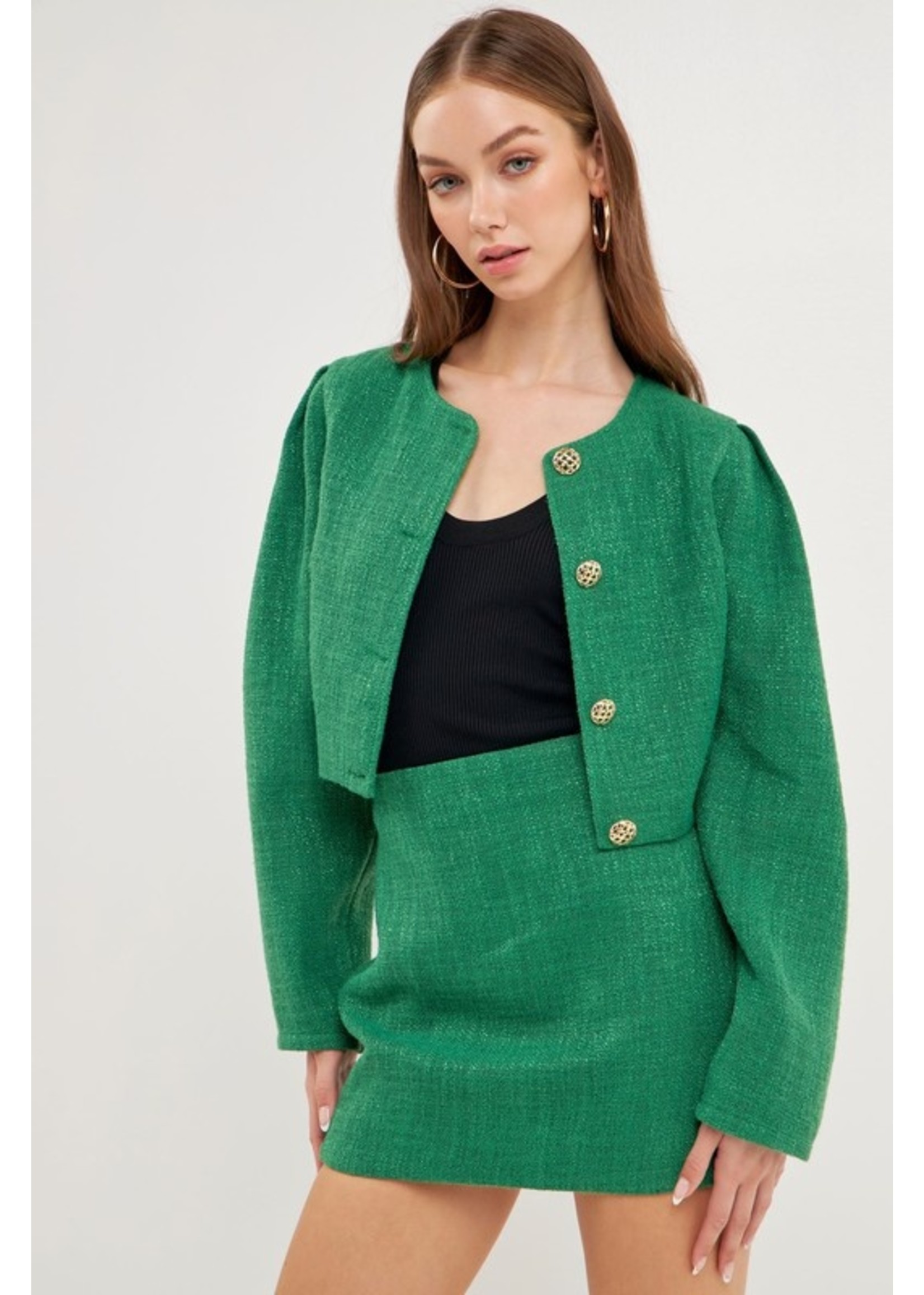 Long Sleeve Round Neck Tweed Jacket Green