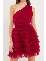 One Shoulder Tiered Tulle Dress Cherry