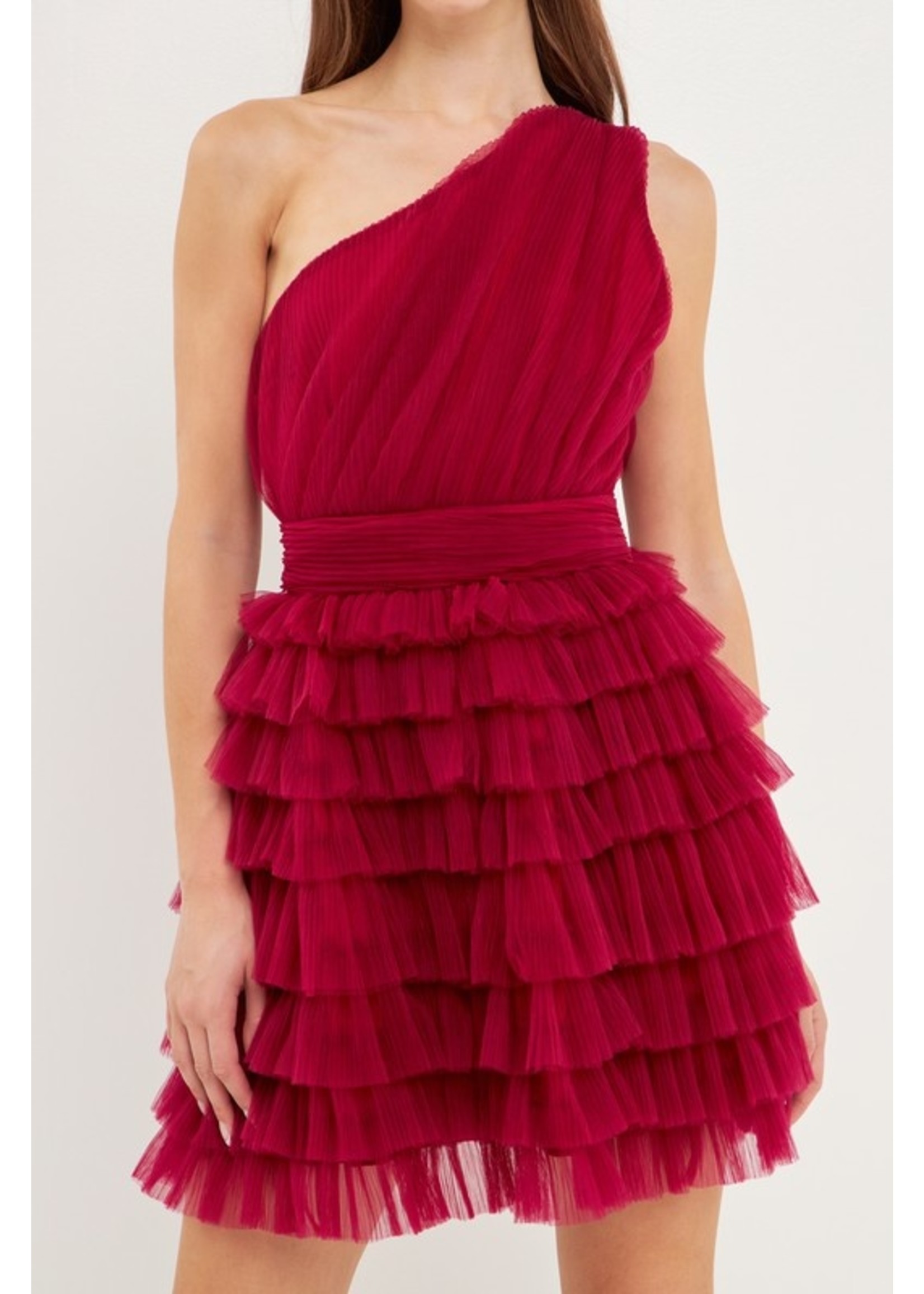 One Shoulder Tiered Tulle Dress Cherry
