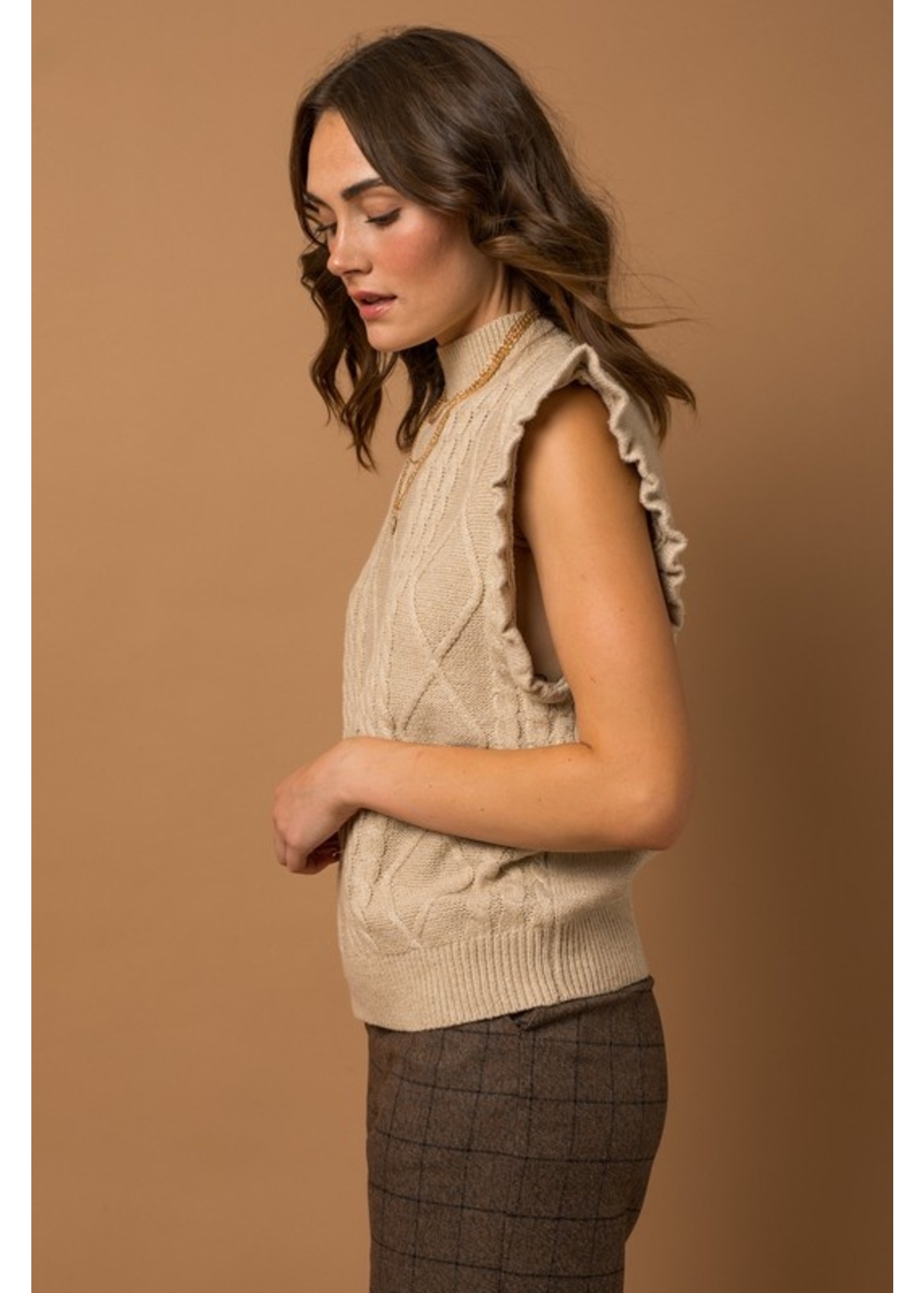 Cable Knit Ruffle Sweater Vest Oatmeal