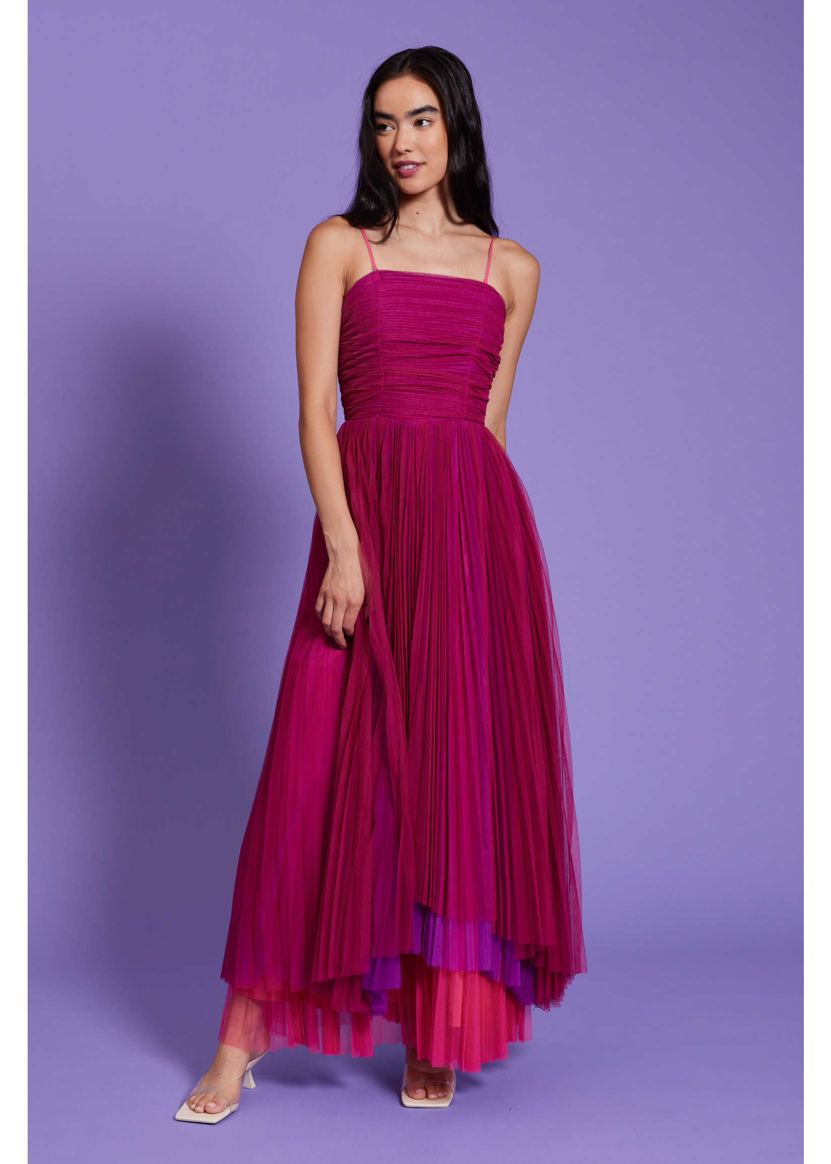 Layered Tulle Strapless Dress Magenta