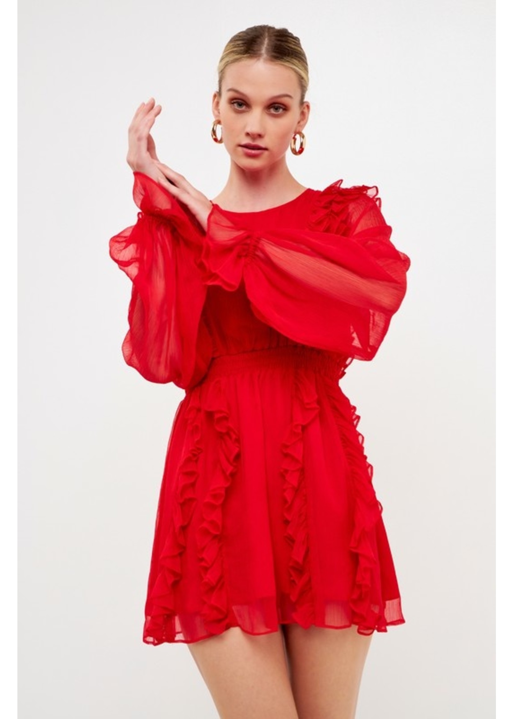Round Neck Ruffled Mini Dress Rouge