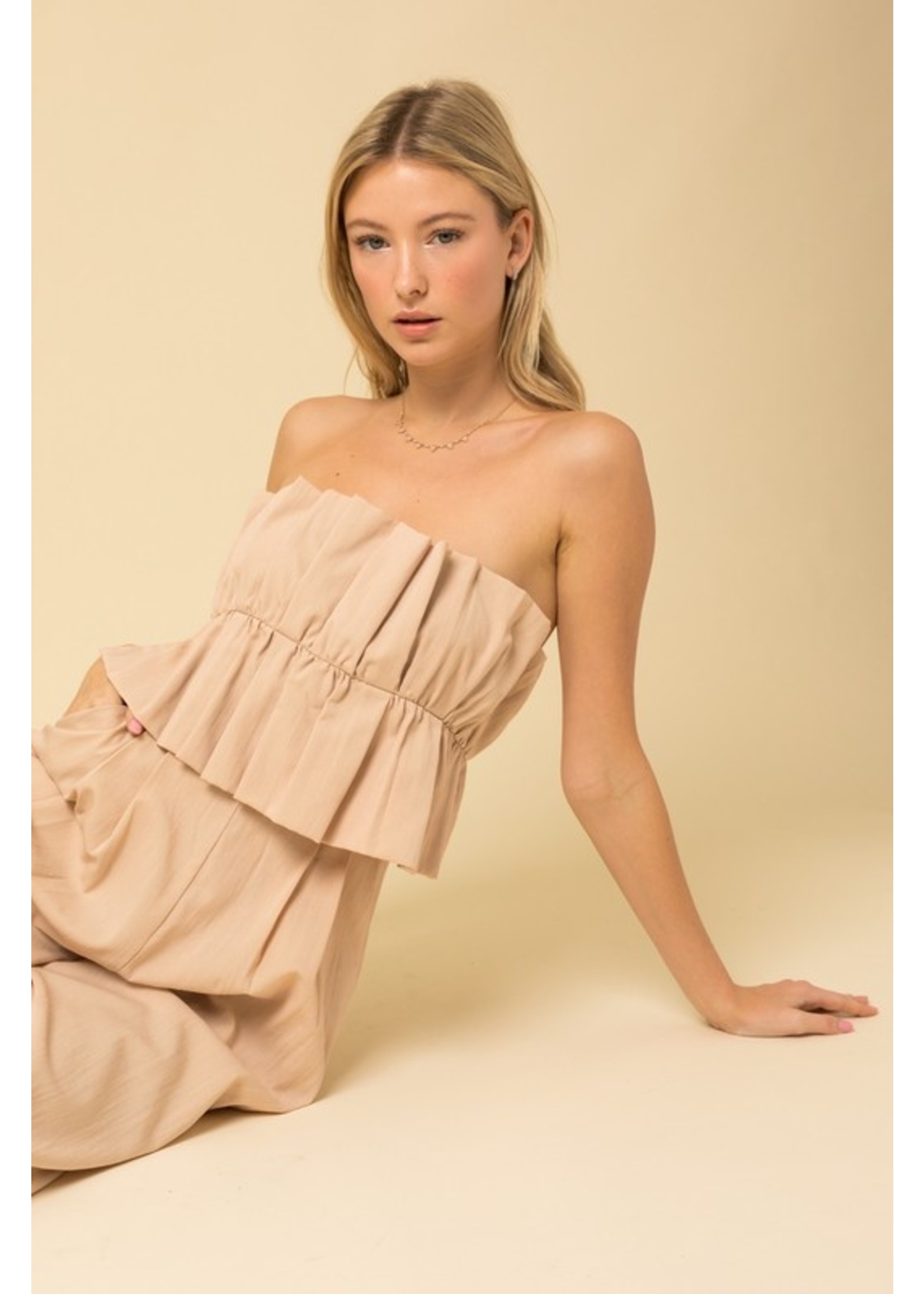 Ruffle Bust Strapless Jumpsuit Oatmeal