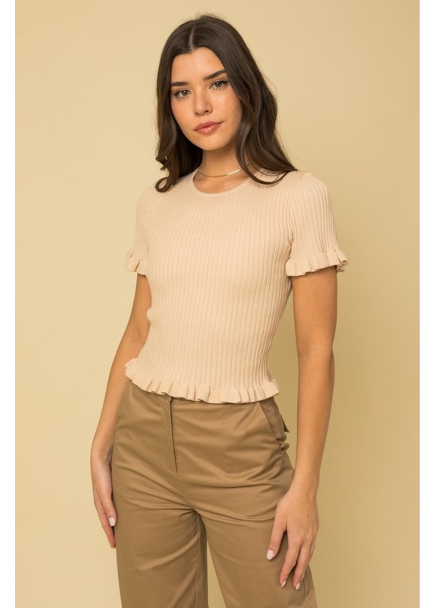 Ribbed Texture Sleeve Top Taupe