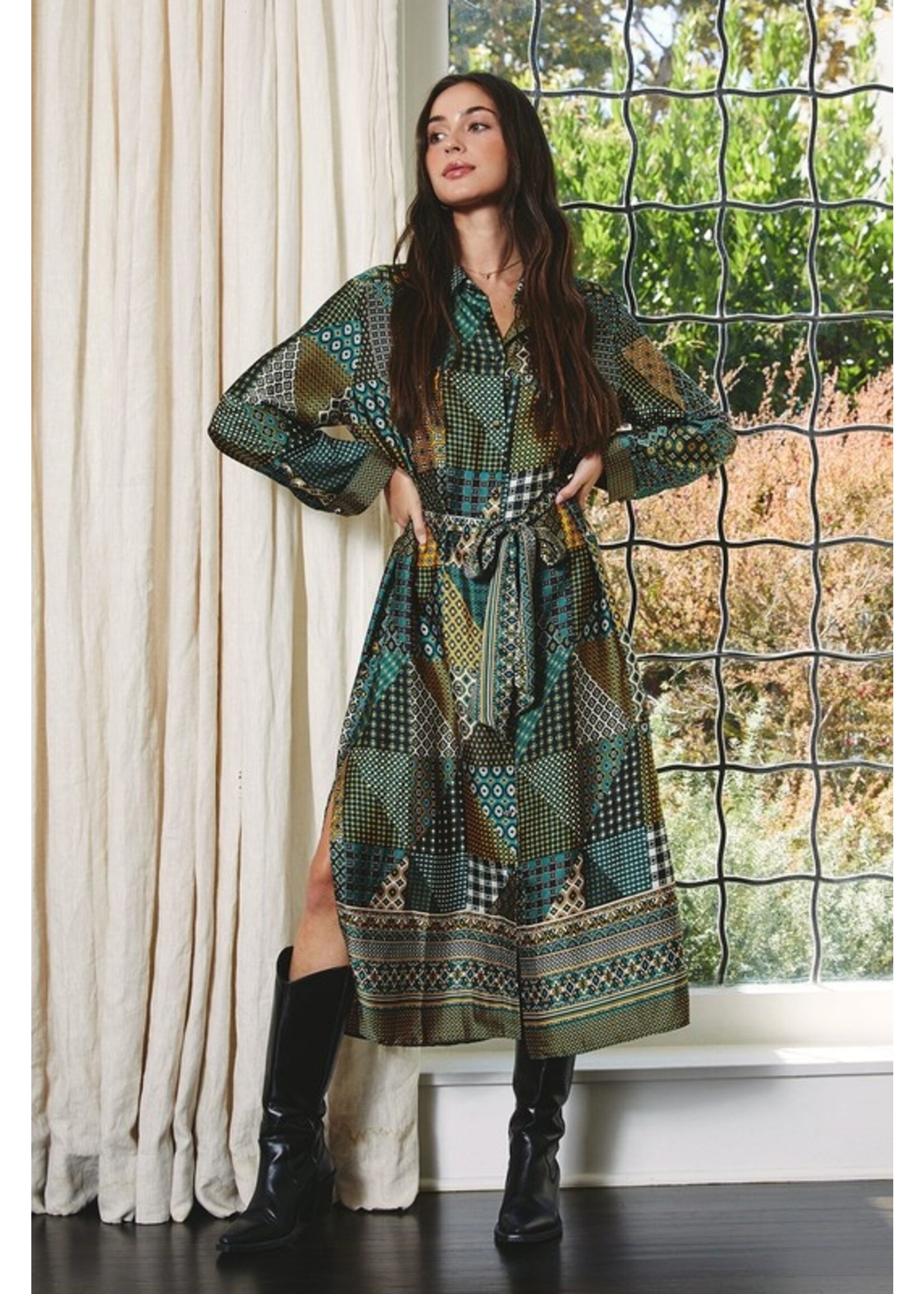 Retro Patch Print Long Sleeve Dress Golden Eden