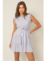 Short Ruffle Sleeve Mini Dress w/ Tie Belt Lilac