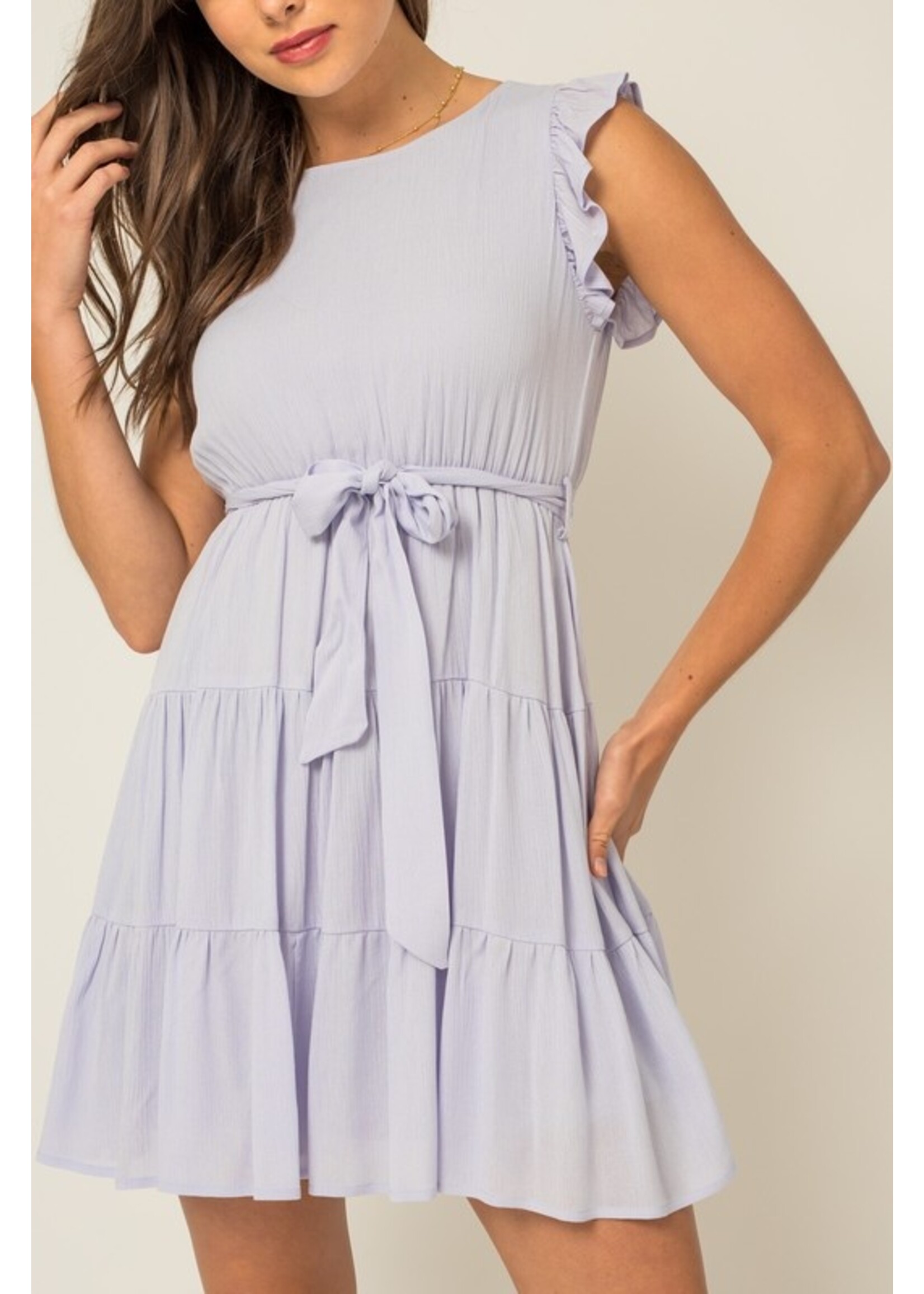 Short Ruffle Sleeve Mini Dress w/ Tie Belt Lilac