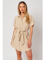 Short Sleeve Linen Button Down Shirt Dress Cream/Taupe Stripe