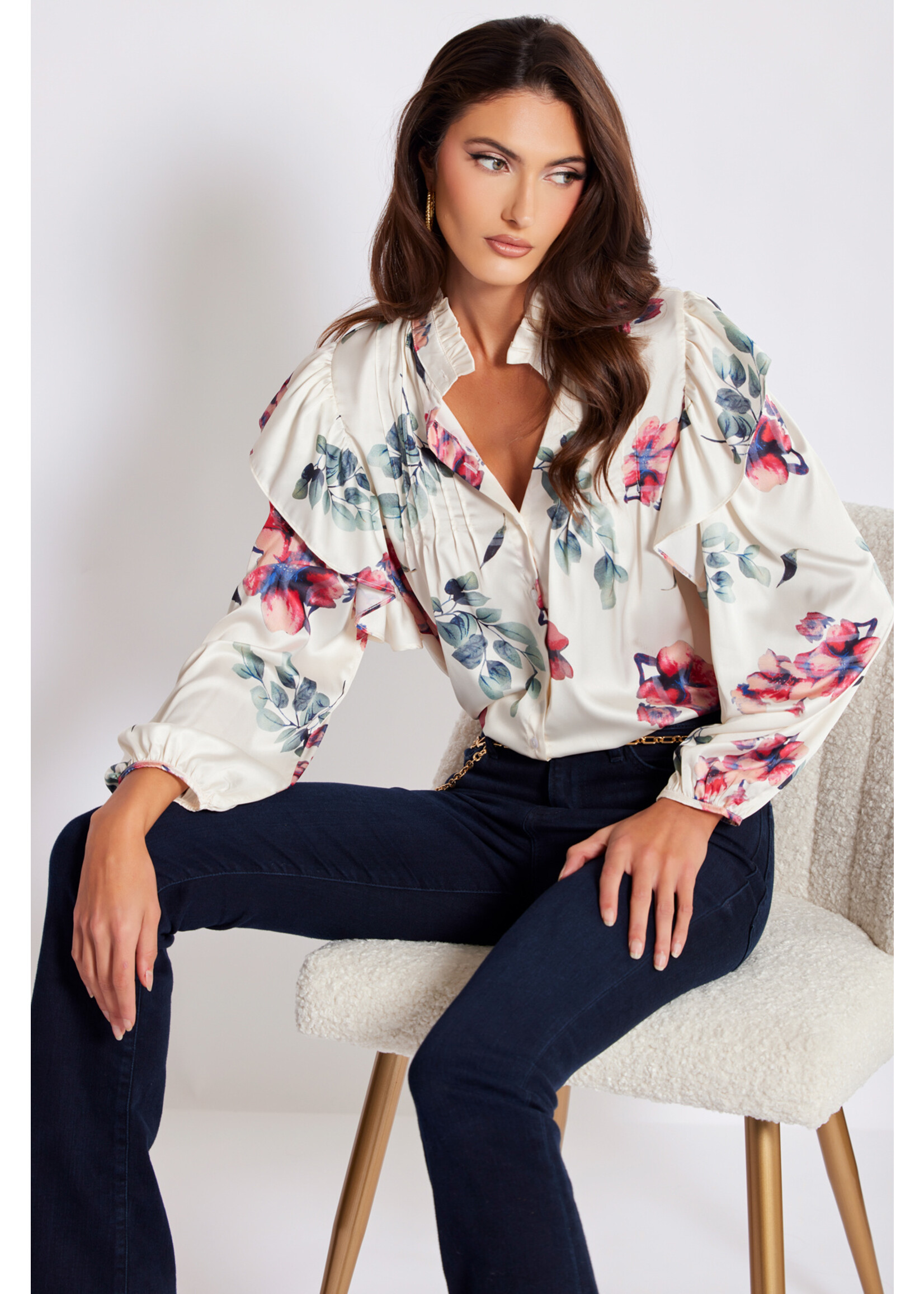 Thea Ruffle Floral Blouse White