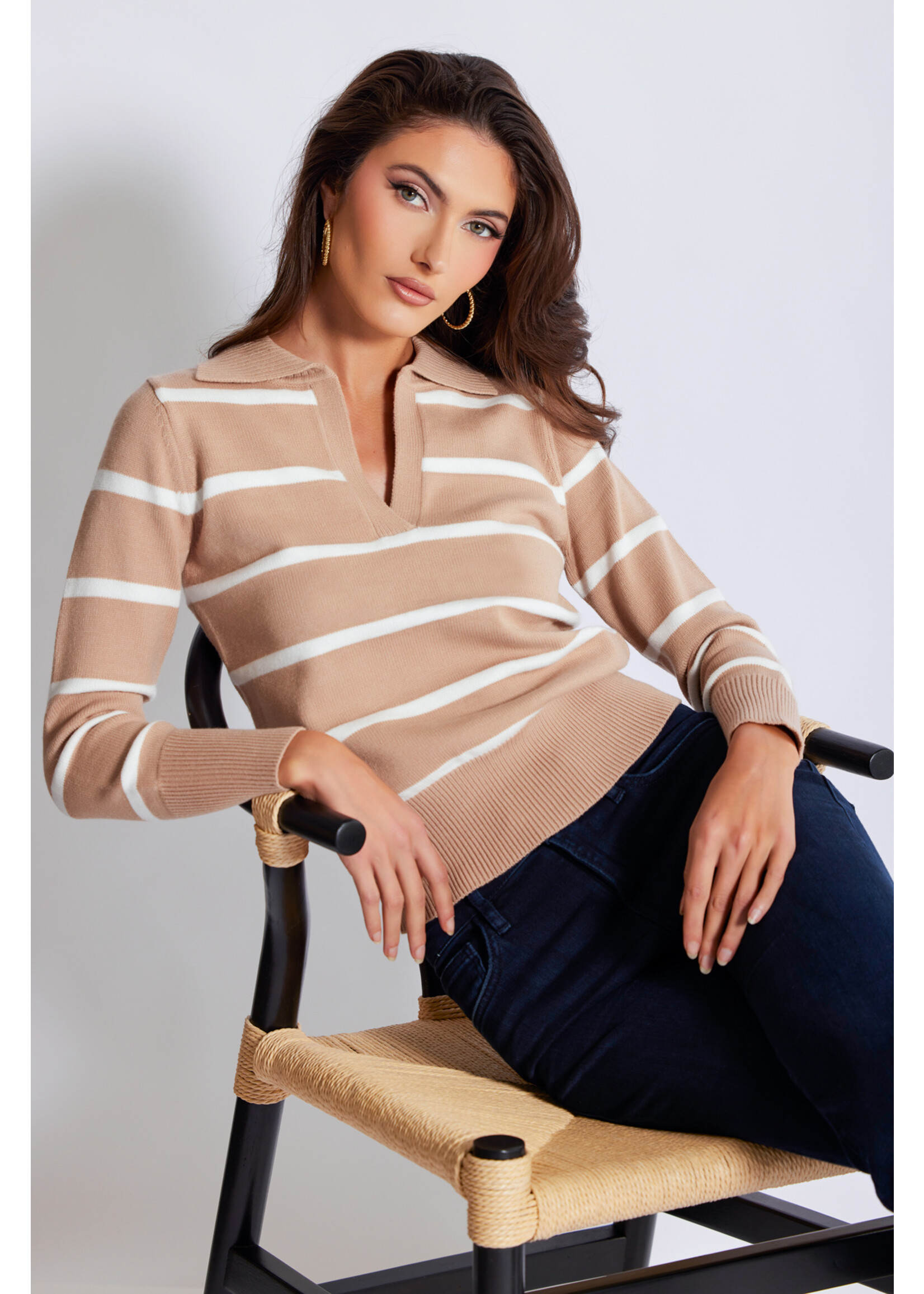 Veronica Stripe Polo Sweater Camel