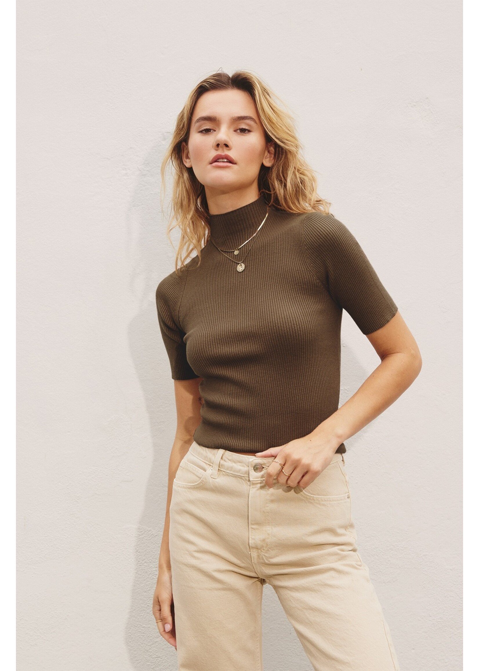 Mock Neck Short Sleeve Sweater Mocha