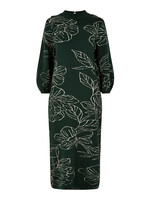 Sketched Floral Puff Sleeve Knit Dress Green