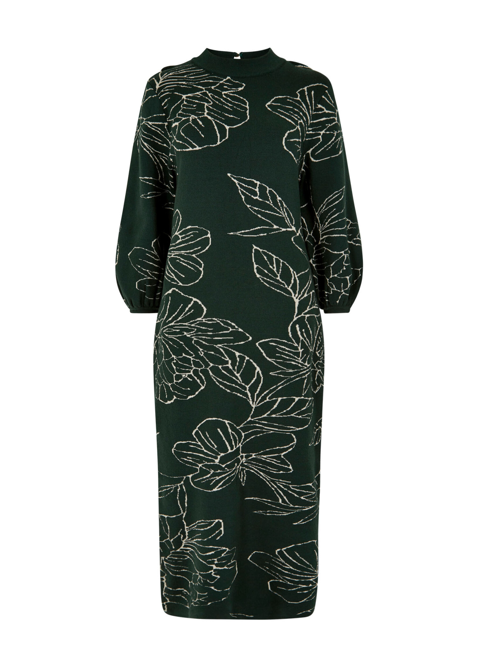 Sketched Floral Puff Sleeve Knit Dress Green